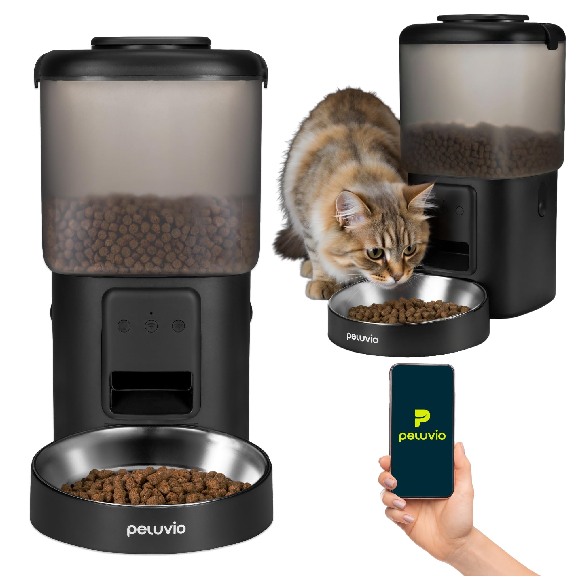 Peluvio Crispy Wi-Fi automatyczny dozownik karmy dla psa z aplikacją Wi-Fi, timerem i nagrywaniem głosu, do 10 posiłków dziennie, pojemnik na suchą karmę 4,5 l, 5-15 mm, 2,5 m kabel zapobiegający