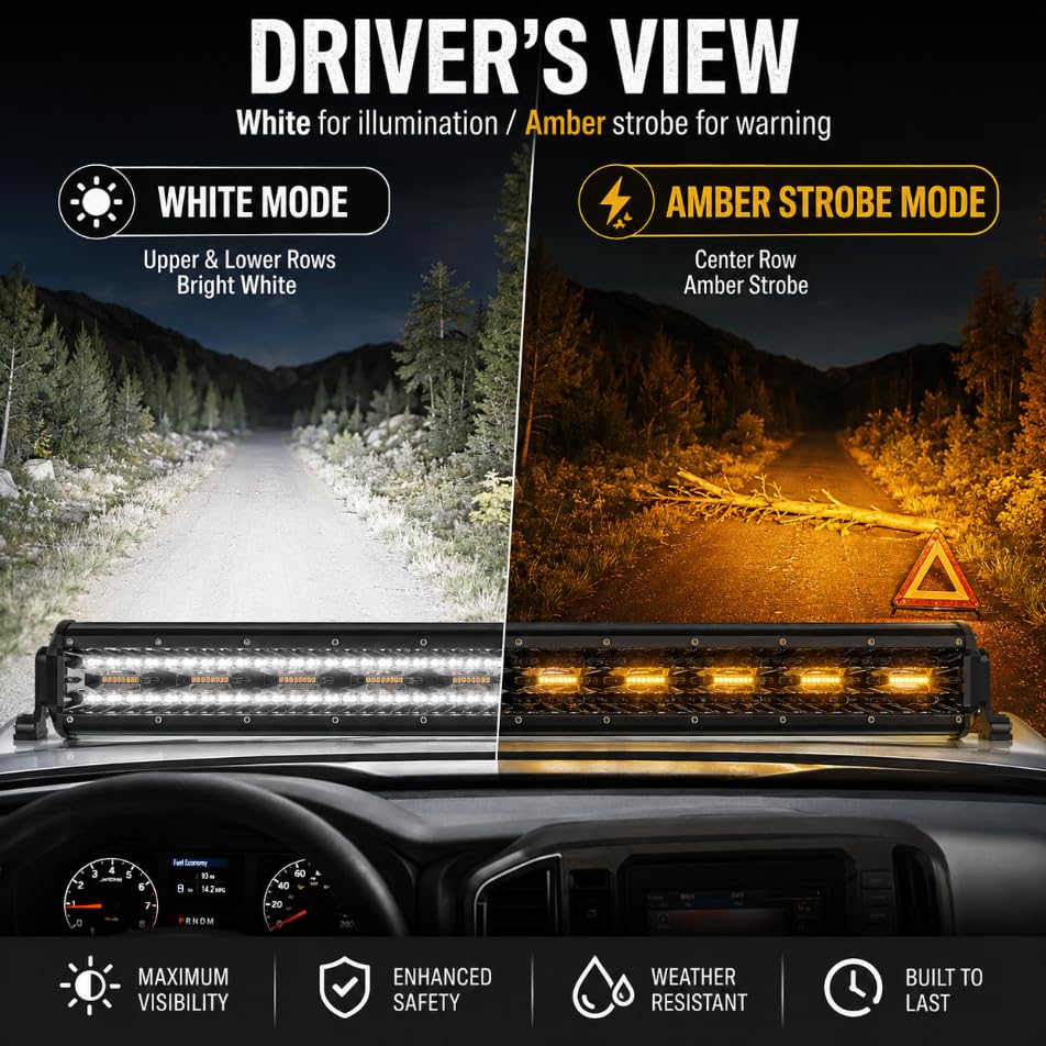 Image of 23 Inch 144W LED Light Bar White /Amber Flasing Strobe Light with Six Modes Driving Fog Lights Spot Flood Combo Beam Bumper Lights with Switch Wiring Harness for Offroad Truck 4WD SUV ATV UTV