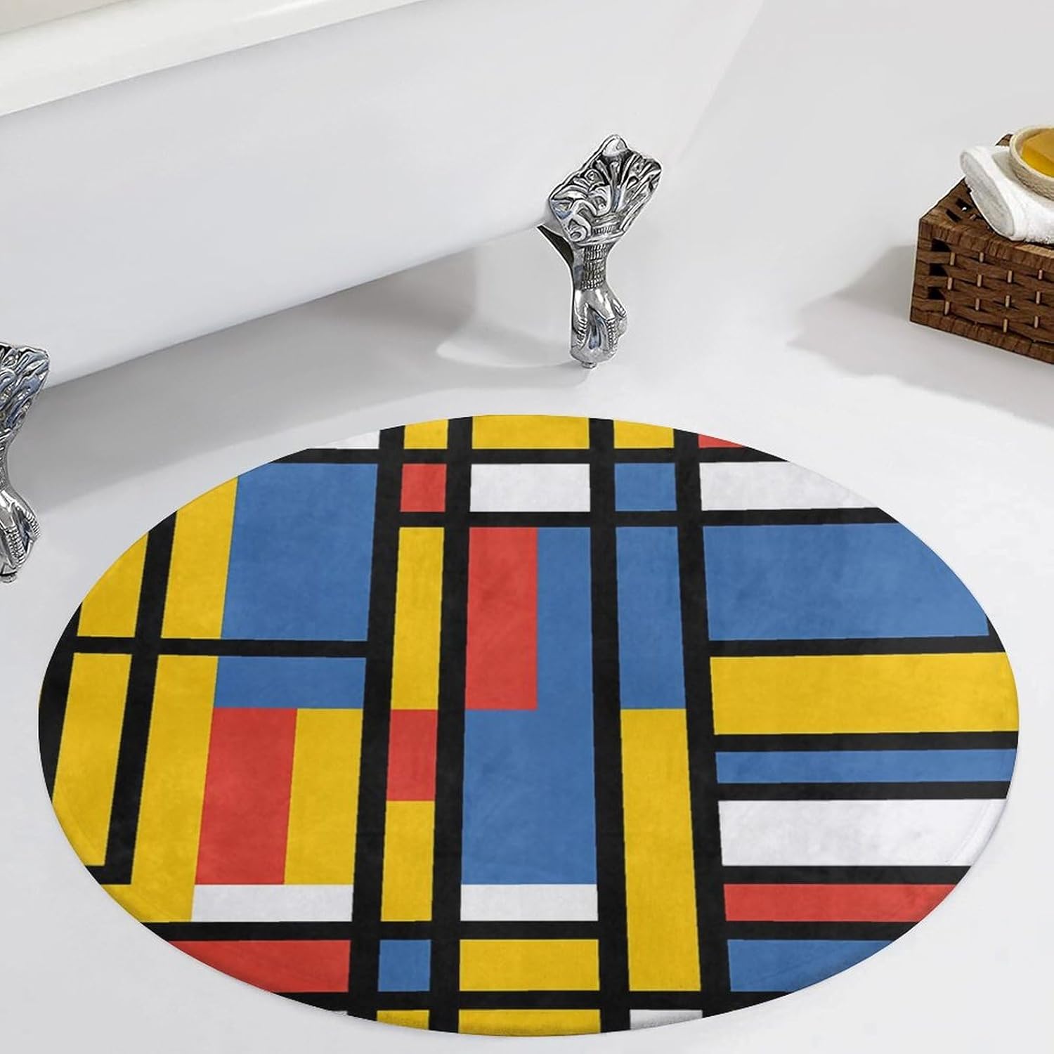 Black Bauhaus Abstract Modern Mondrian Style Blue Geometric Round Rugs Coral Velvet Non Slip Floor Mat for Bedroom Living Room Decor 90 * 90cm