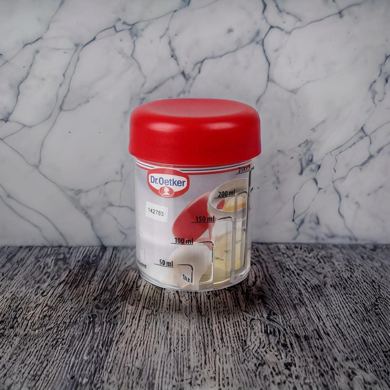 Dr.Oetker Mix and Measuring Jug with Egg Separator, Plastic, Transparent/Red, 250 ml