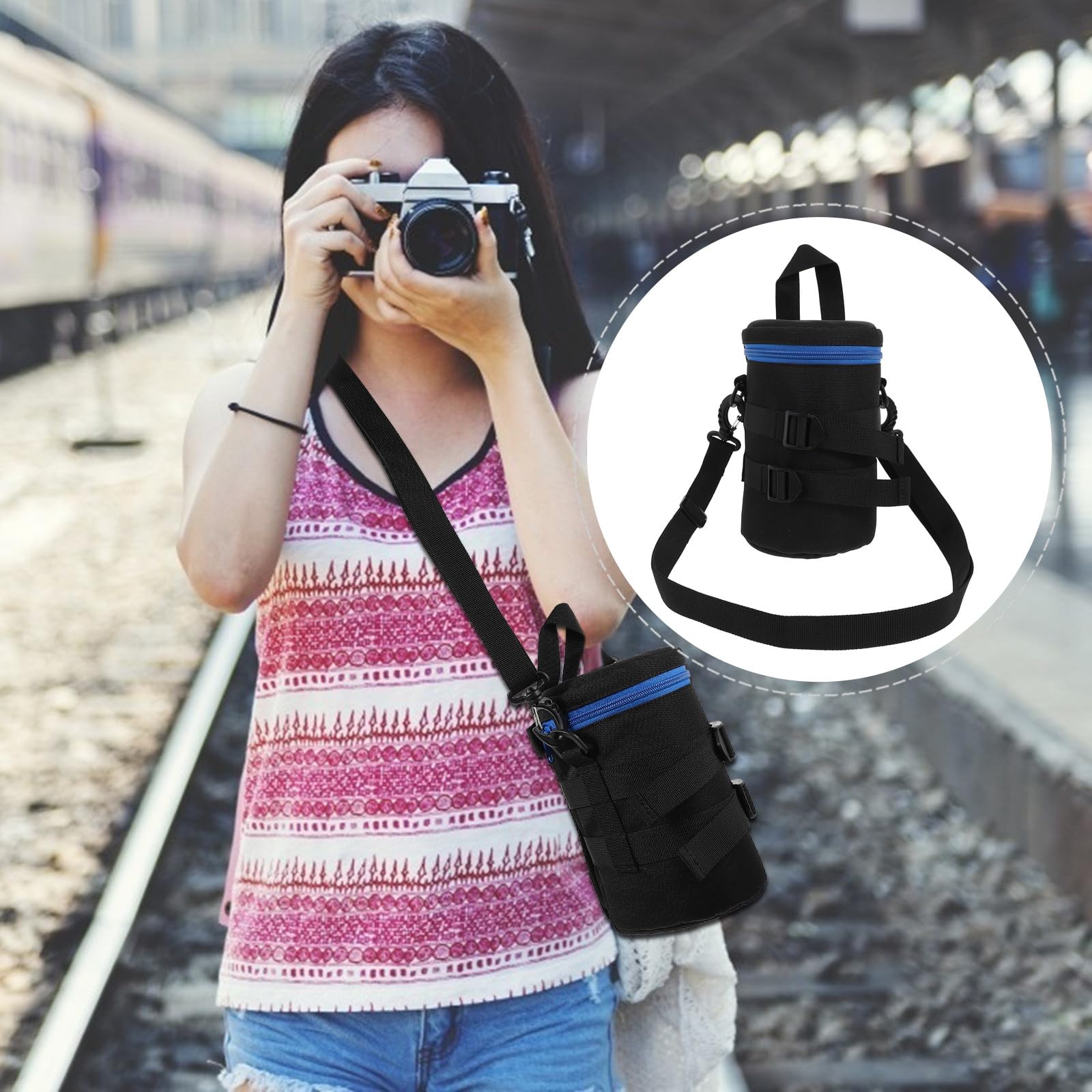 Ipetboom Borsa Porta Obiettivo per Macchina Fotografica Reflex Compatta in Poliestere Nero Cintura, per Fotografi in Movimento