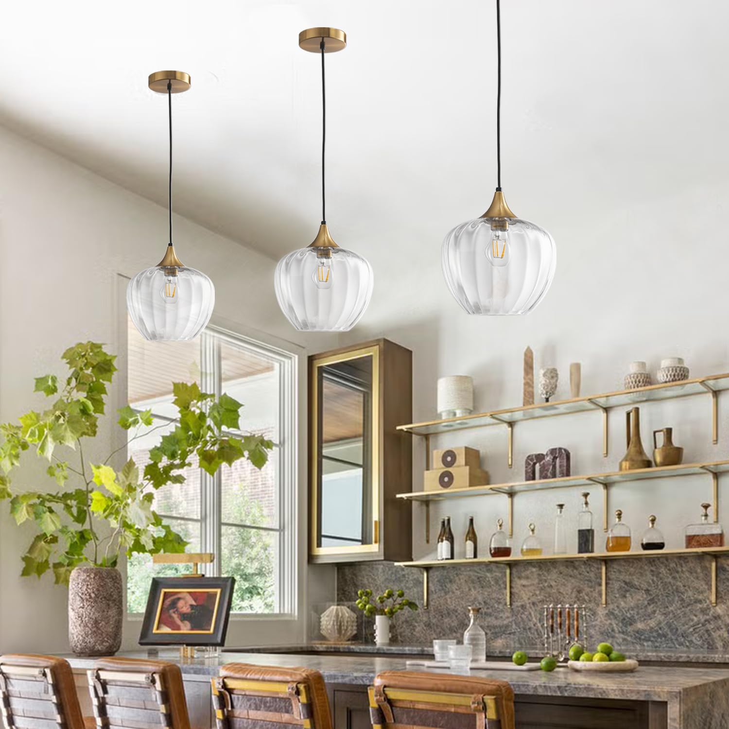 Lámparas colgantes de cristal para isla de cocina, lámpara colgante vintage de 9 pulgadas, accesorios de iluminación de techo, lámpara moderna de oro cepillado para comedor, sala de 4