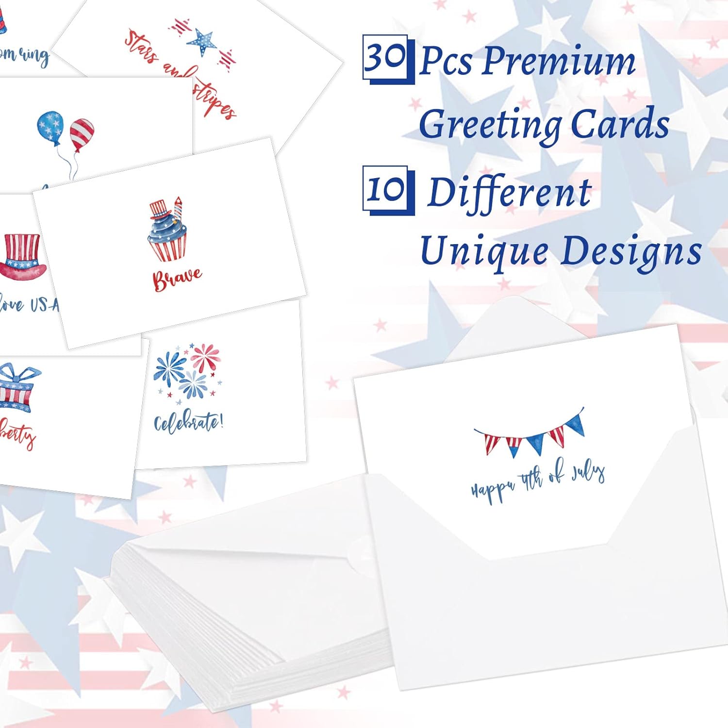 Whaline 30Pcs Patriotic Greeting Cards Watercolor 4th of July Note Card Star American Flag Firework Gift Cards with Envelops and Adhesive Stickers for Independence Day Party Favor Supplies, 4 x 6in
