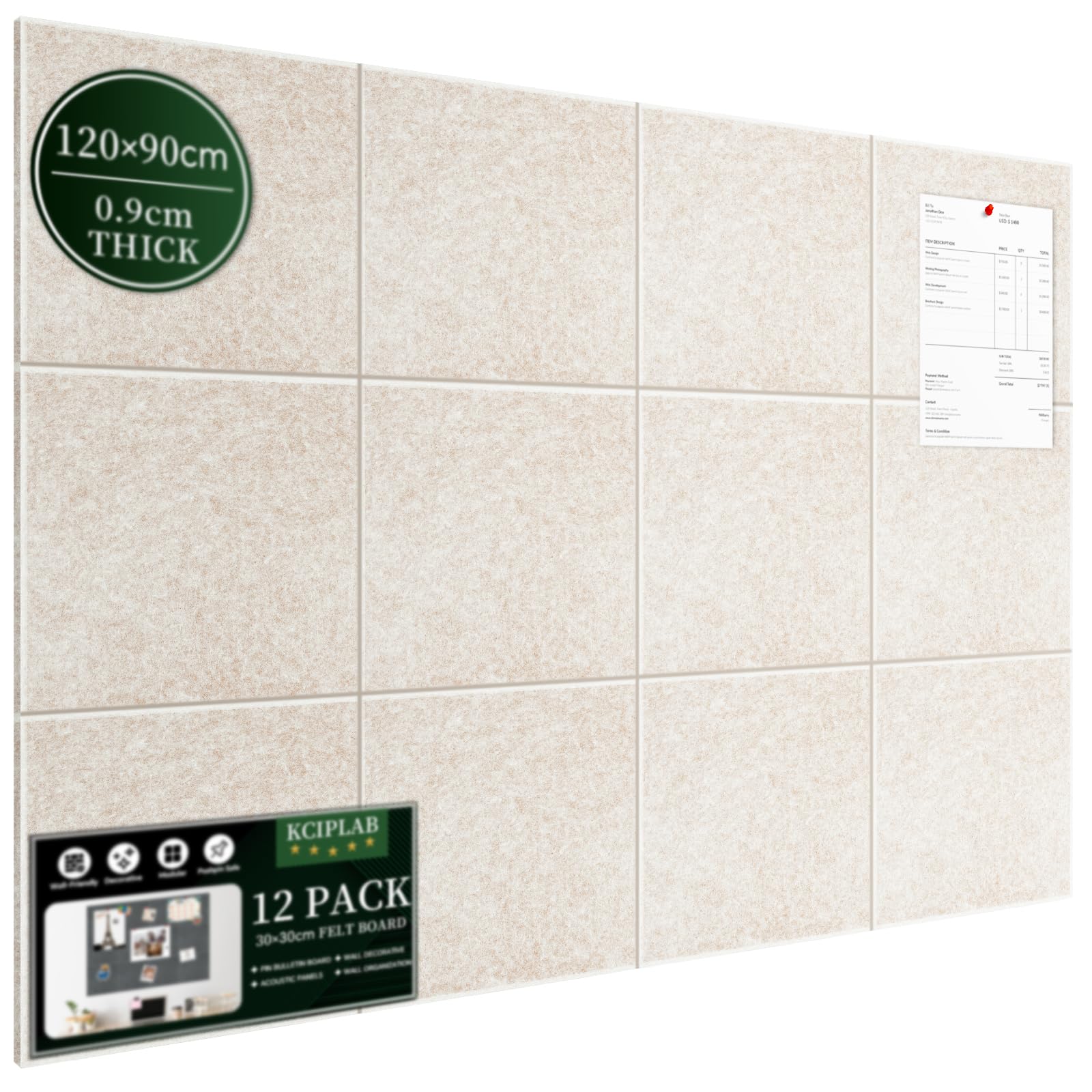 Großes Kork Board Alternative Pinnwand, 120 x 90 cm, 12 Stück, Filzkork-Tafel, Fliesen für die Wand mit 80 Pinnnadeln für Büro, Schule, Zuhause
