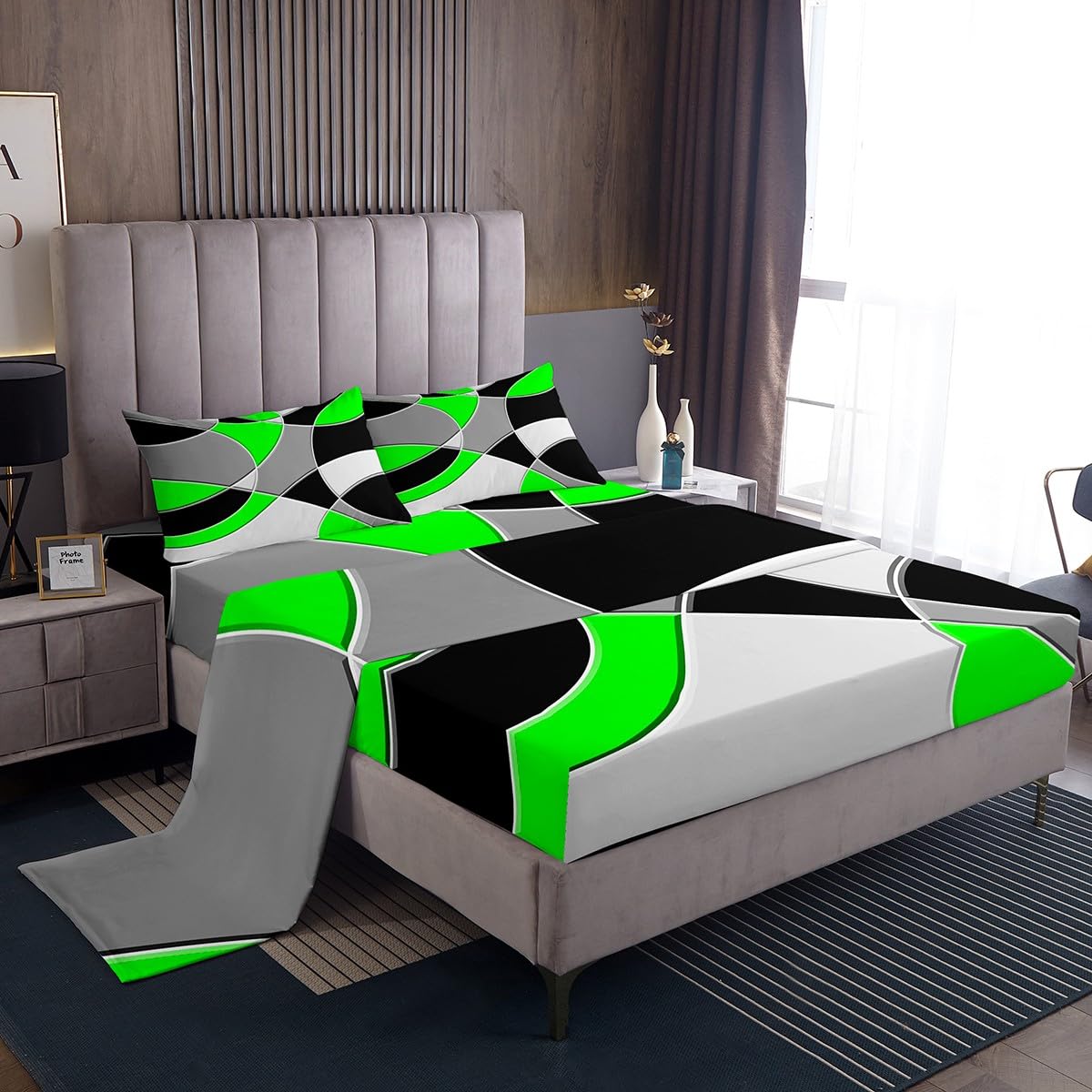 Juego de sábanas circulares retro, color verde, gris y negro para niñas, sábanas geométricas circulares con bolsillo profundo, sábana bajera ajustable de arte abstracto, juego de cama geométrico abst