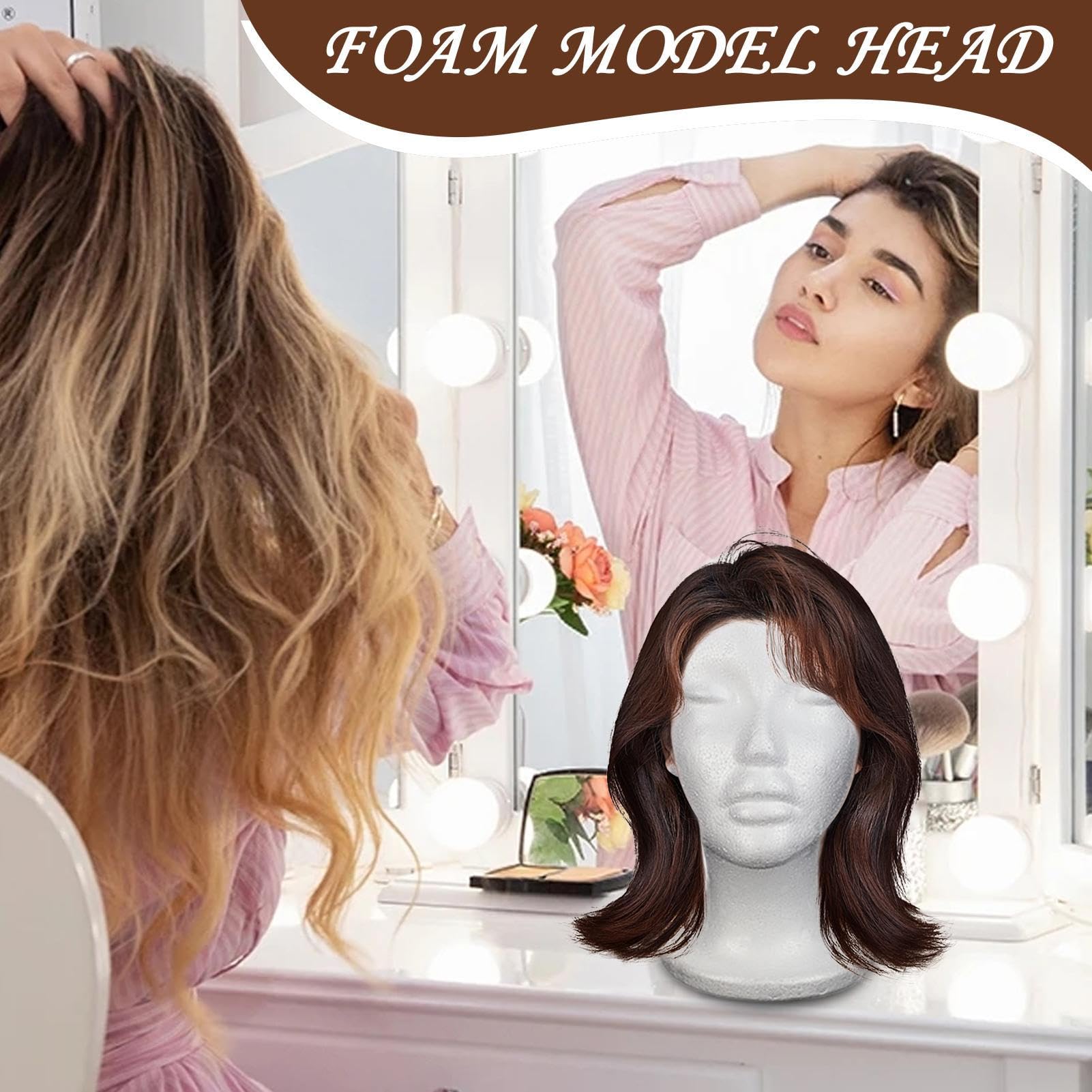 Lot de 2 Tête de mannequin en mousse pour femme, 52x27x15,5cm modèle de tête de mannequin, stand d'affichage de perruque et chapeau, Multifonction Pour lunettes de soleil, perruques, chapeaux