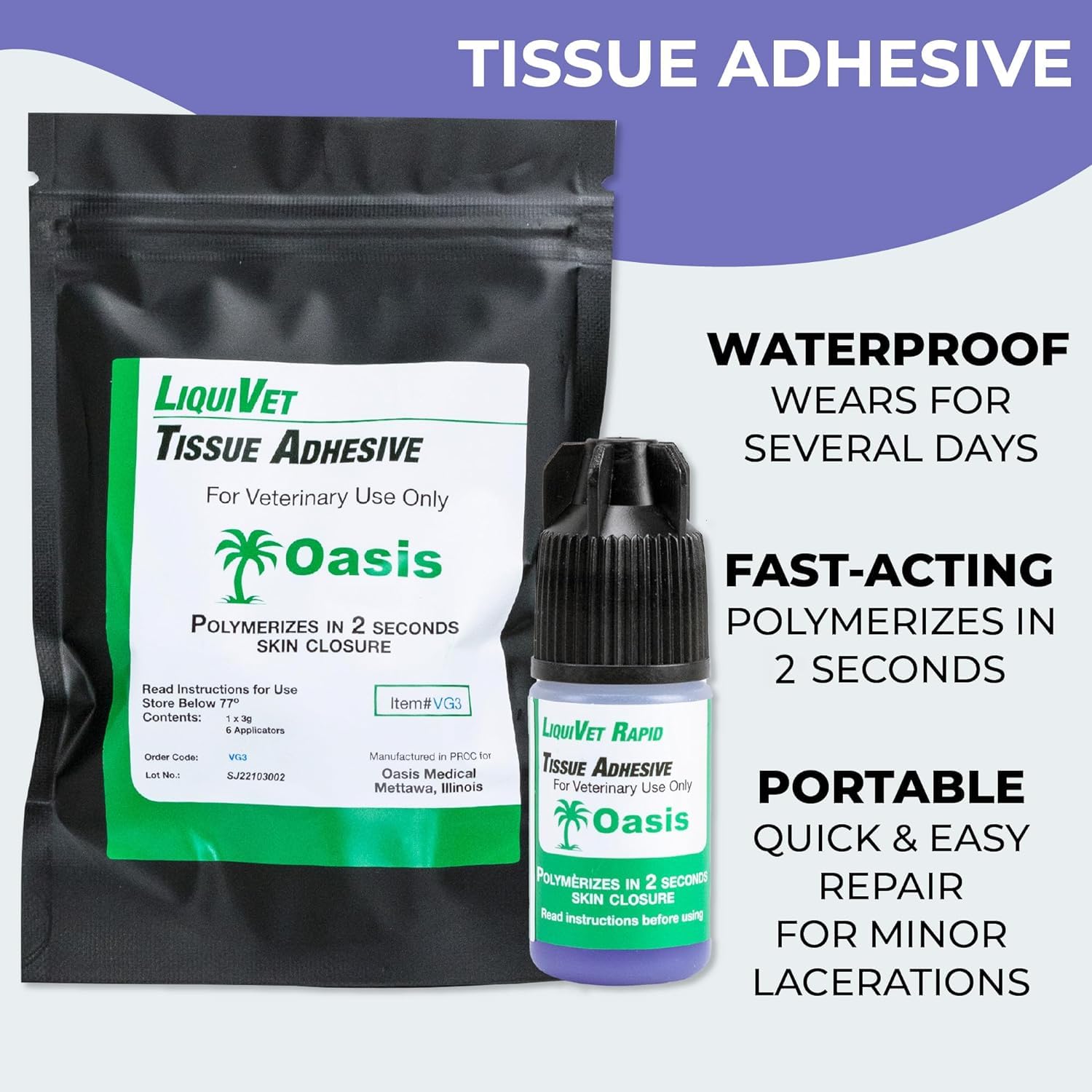 3 Pack Liquivet Rapid 2 Second Tissue Adhesive, Vet Skin Glue, Tissue Wound Cut Skin Closure, 3mL Bottle and 6 Applicators