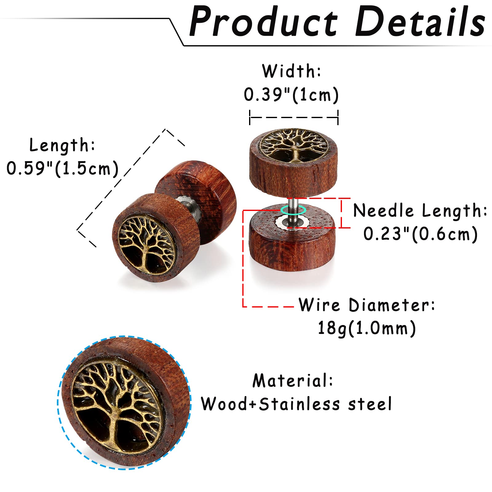 Flongo - Pendientes de acero inoxidable, madera, retro, árbol de la vida, león, cabeza de fantasía, pendientes de color marrón para hombre y mujer