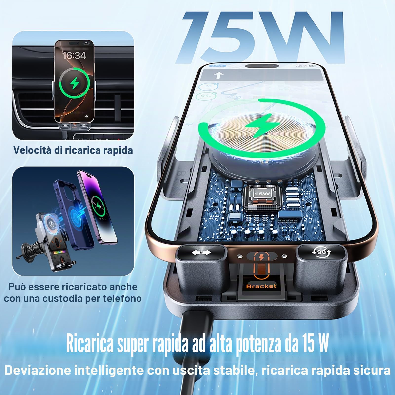 OBEST Supporto per telefono da 15 W, con funzione di ricarica, magnetico senza fili, con clip di ventilazione, girevole telescopico motorizzato con rilevamento automatico per iPhone e Android