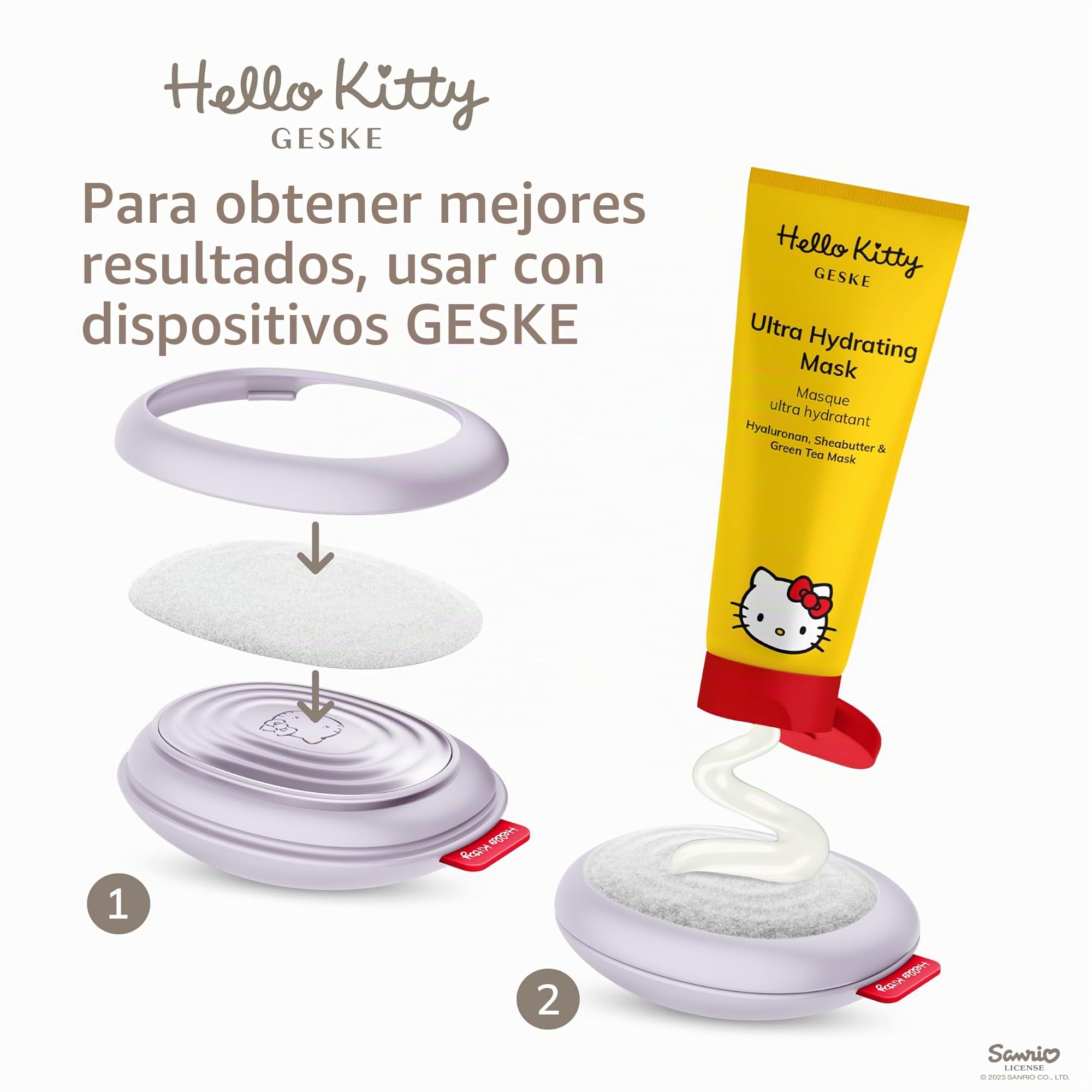 GESKE x Hello Kitty | SmartAppGuided™ Sonic Warm & Cool Mask | 8 en 1 | Máscara facial LED de belleza | Terapia luz roja | calor | Enfriamiento | Mayor absorción del cuidado facial | masajeador facial