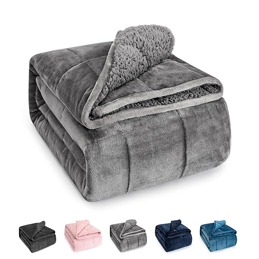 Sivio Sherpa Fleece Weighted Blanket for Adult, 15 lbs Heavy Fuzzy Throw Blanket with Soft Plush Flannel, Reversible Twin-Size Super Soft Extra Warm Cozy Fluffy Blanket, 60x80 Inches Dual Sided Grey