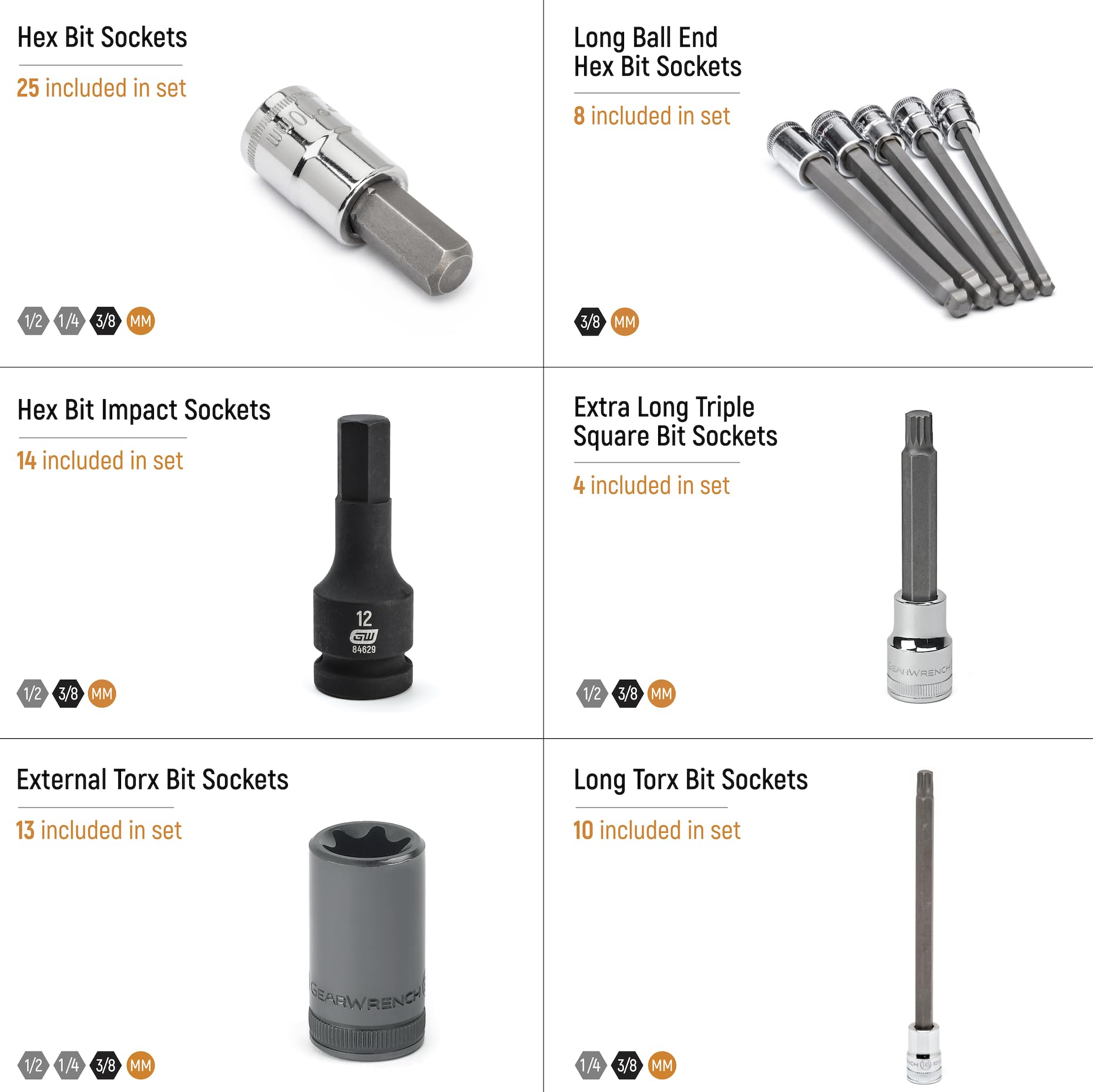 GEARWRENCH GWMSBSKCBMM - Set di chiavi a bussola metriche da 1/4", 3/8", 1/2", 74 pezzi