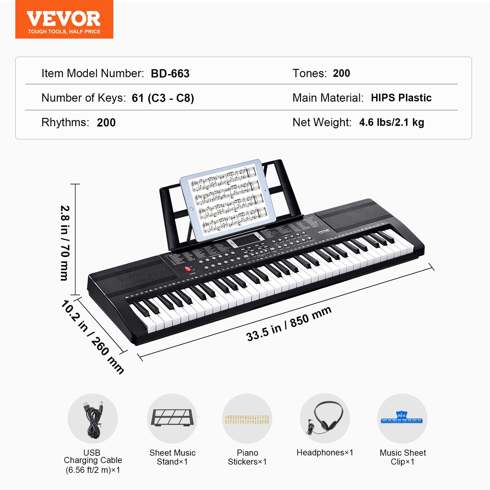 VEVOR Clavier Piano Numérique, 61 Touches, Ensemble Piano à Clavier Électrique Portable, 200 Tons, 200 Rythmes, 60 Chansons de Démonstration, Haut-parleurs Intégrés, Casque, Microphone, pour Débutants