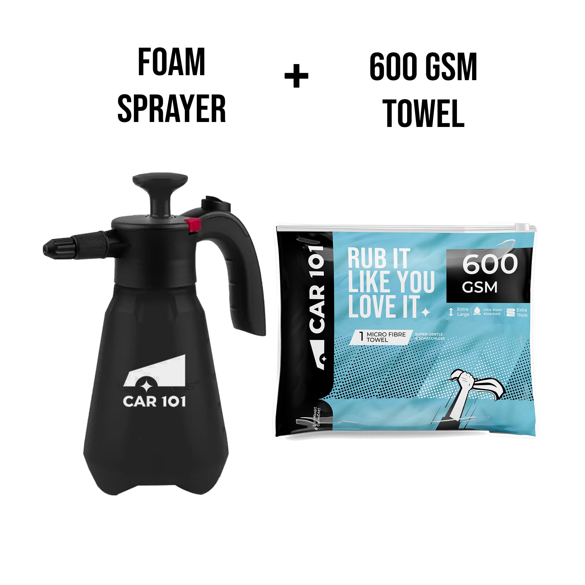 CAR101 Foam Canon + Multipurpose Microfiber Cloth 600 GSM (60x50 cm) | Ultra Soft & Highly Absorbent Cloth | with 1.5L Durable Tank | 2 Nozzles & Free 300ml Fizz Snow | Foam Shampoo for Vehicle Wash 2