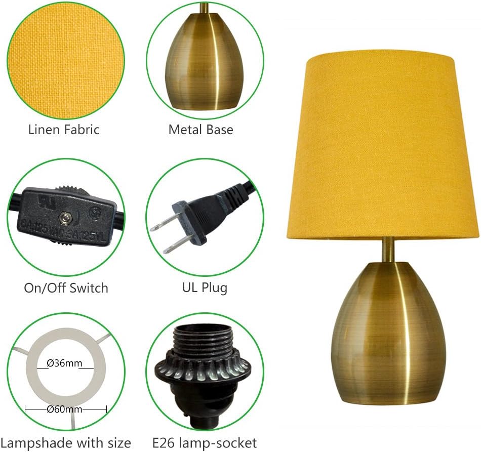 TOOTOO STAR Mini 13 Inch Small Bedside Table Lamp for Bedroom Living Room Nightstand, Metal Base (Yellow Shade, Brass Base)