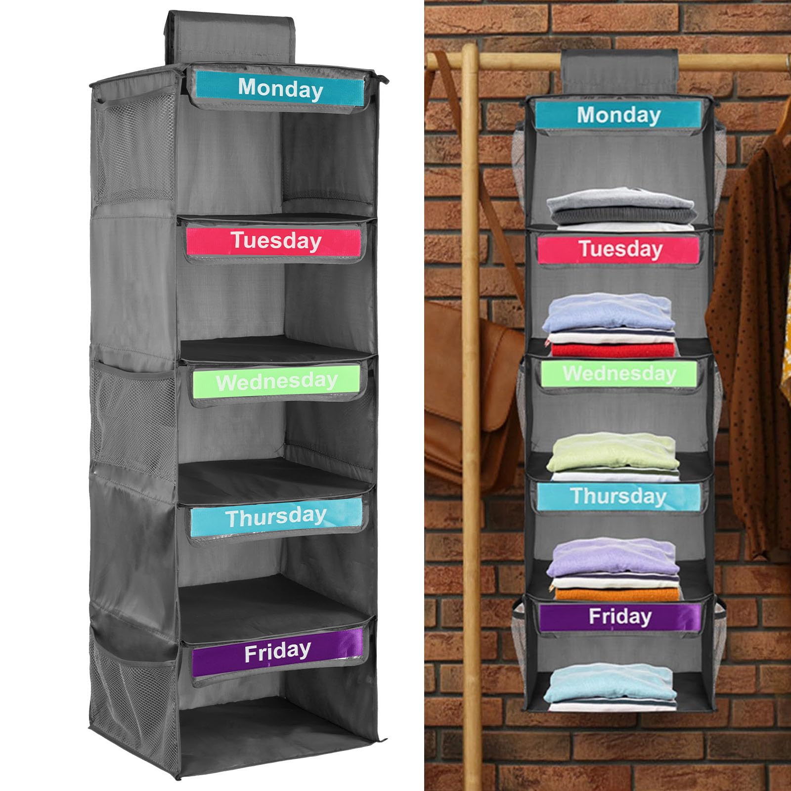 KTCINA Weekly Clothes Organizer for Kids, 5 Days Week Clothes Organizer with 6 Side Pockets, 5 Shelf Hanging Closet Organizers Monday To Friday Hanging Organiser for Hats T-Shirts Bags Towels(Grey)