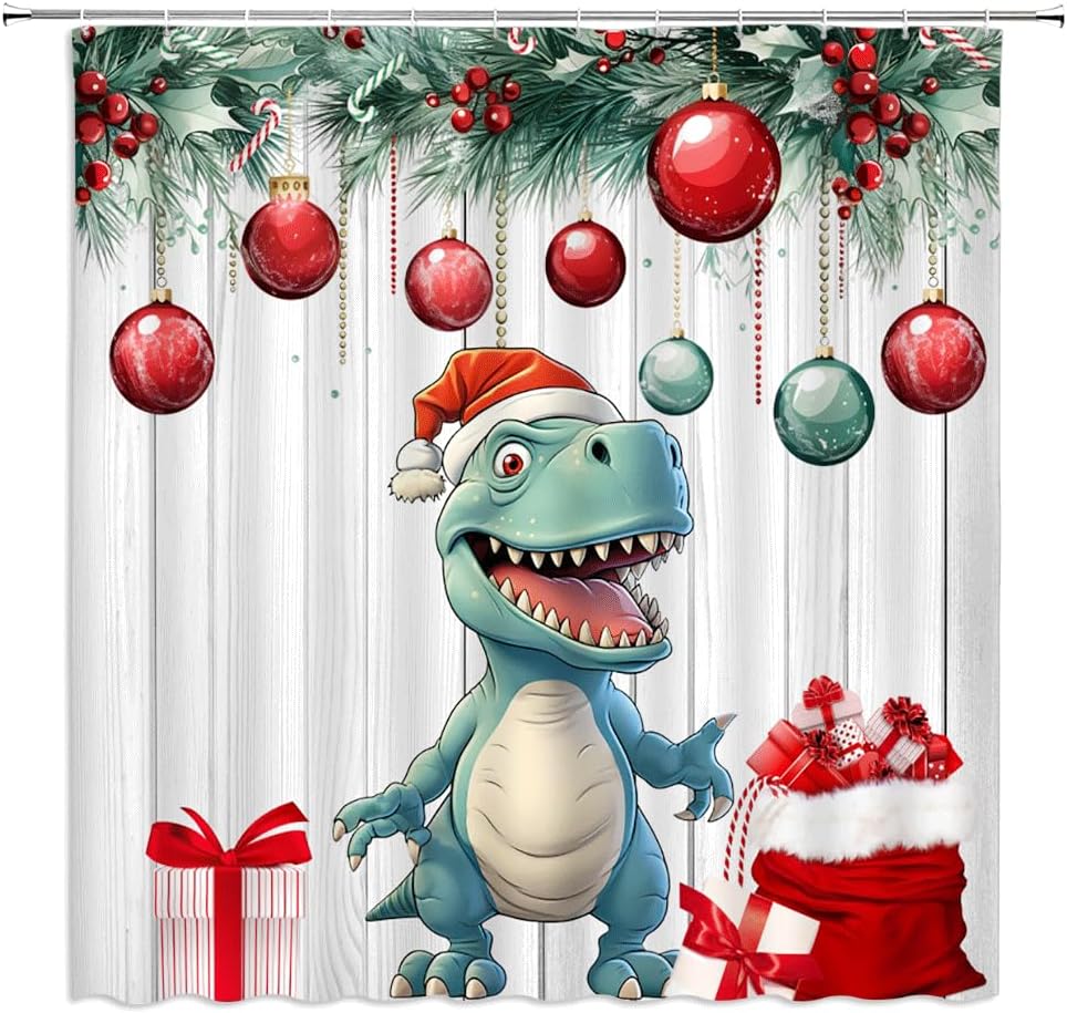 Christmas Dinosaur Shower Curtain Funny Cute Cartoon Dinosaur in Santa Hat Pine Branches Red Ball Gift Box Wood Fabric Bathroom Decor Curtains with Hooks,70 x 82