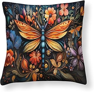 HighonHi Satin Modern Cushion Case Dragonfly and Flower Decorative Throw Pillow Covers Vintage Flower Pillow Protectors Zippered Decoration for Sofa Couch 26