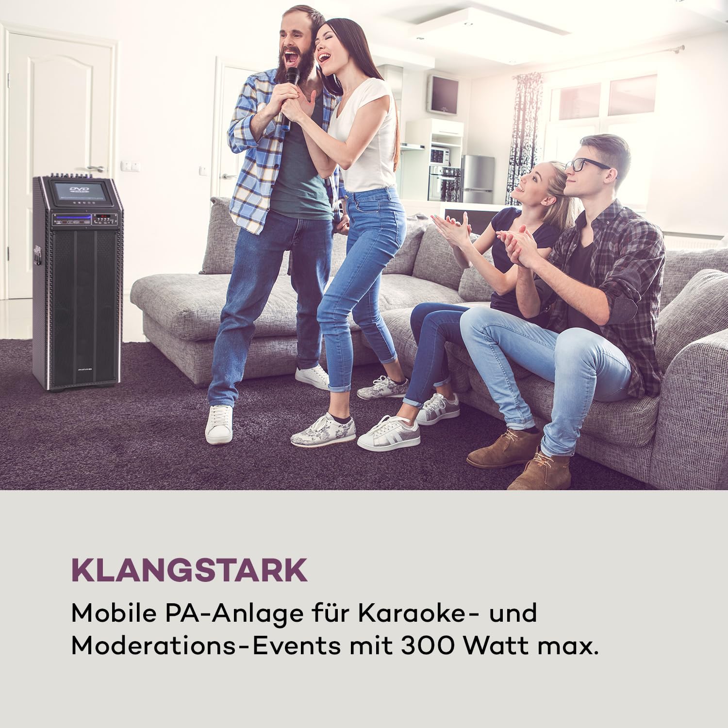 auna Pro DisGo Box 2100 DVD Mobile PA-Anlage, 300 W max., 9" (23 cm) TFT-Display, DVD-Player, 2 x 10 (25,5 cm) Subwoofer, Bluetooth-Funktion, XMR Bass Technology, drahtloses UHF-Mikrofone, anthrazit