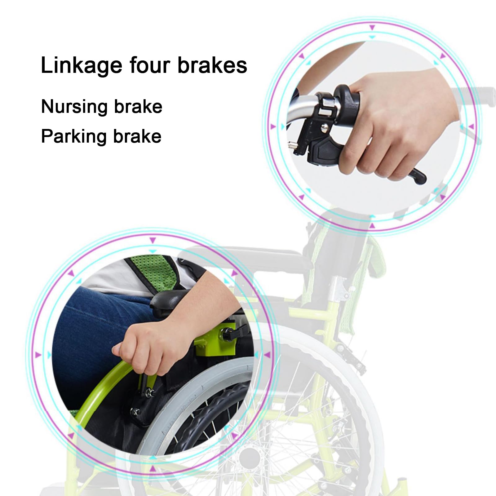 Silla de ruedas plegable, aleación de aluminio ligera, reposapiés basculante, frenos de mano, prevención de inclinación trasera