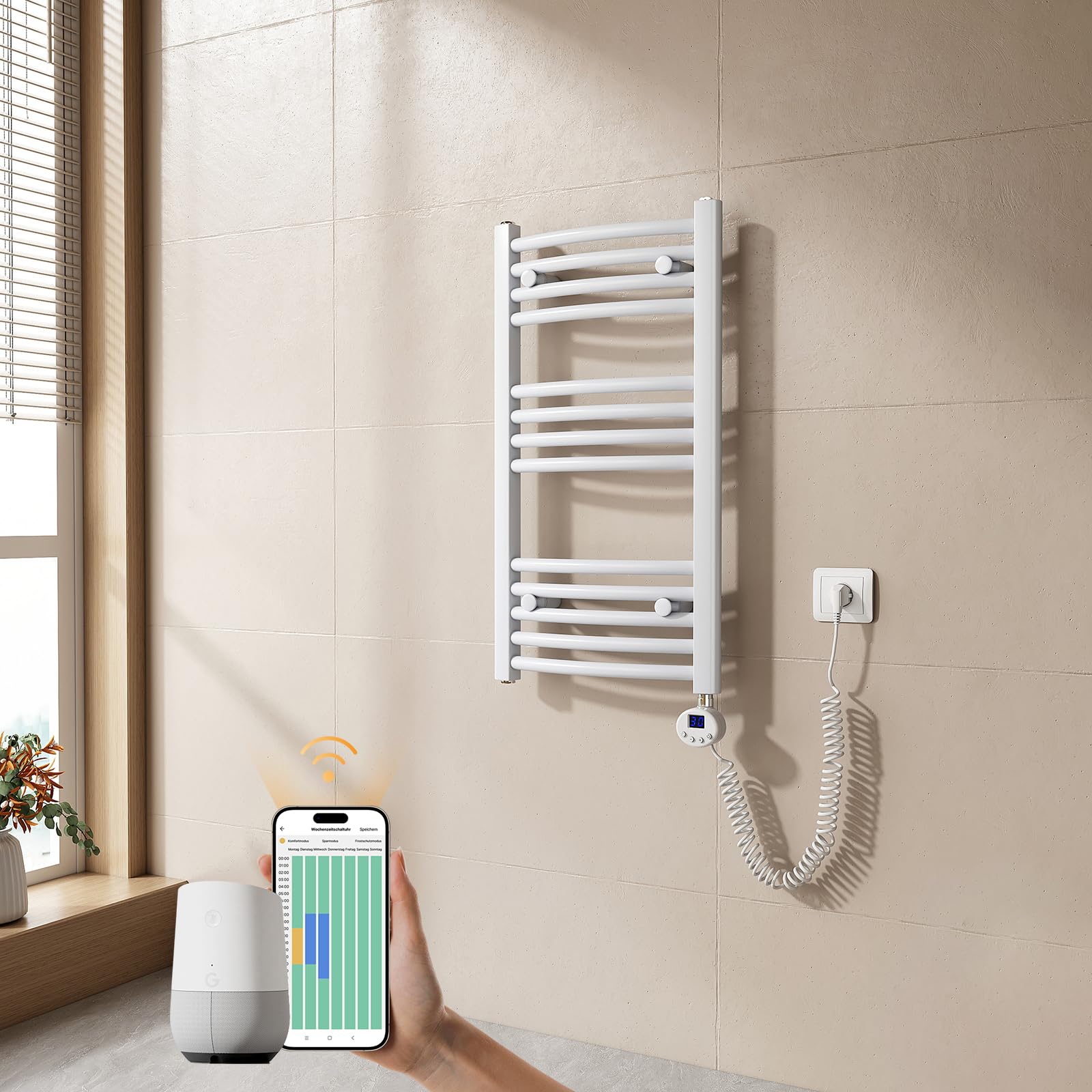 EMKE Scaldasalviette Elettrico Da Bagno – 75x40 Cm, 300W, Wifi Con App Tuya E Alexa, Antigelo, 4 Modalità, Bianco
