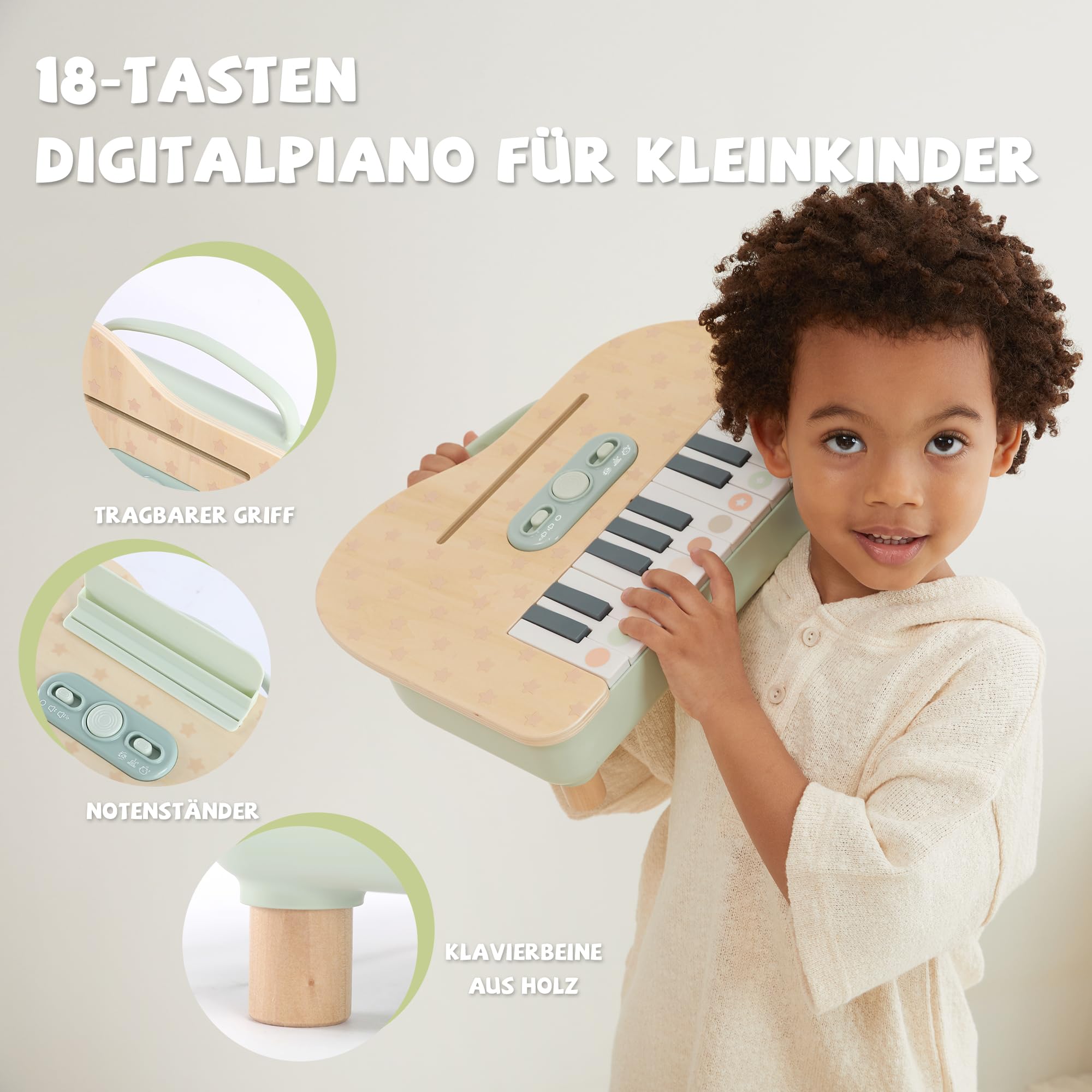 Holz Kinderklavier 18 Tasten Digital, Musikspielzeug für Kleinkinder ab 2 Jahren, Montessori Lernspielzeug Musikinstrument, Geschenk für Jungen und Mädchen