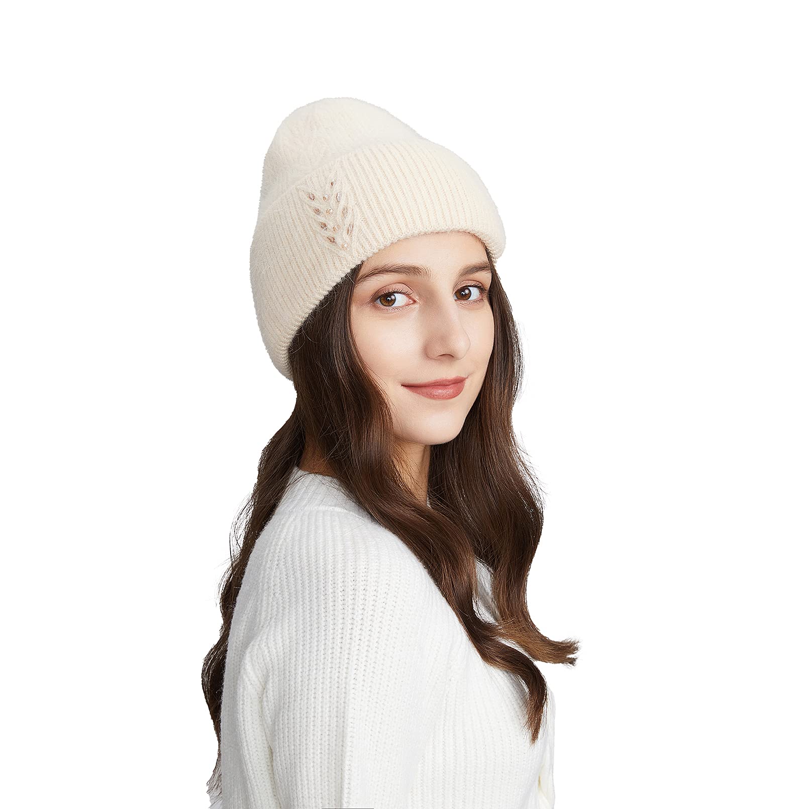 BeFur Bonnet d'hiver à pompon en cachemire pour femme - Bonnet tricoté chaud avec strass et épis de blé