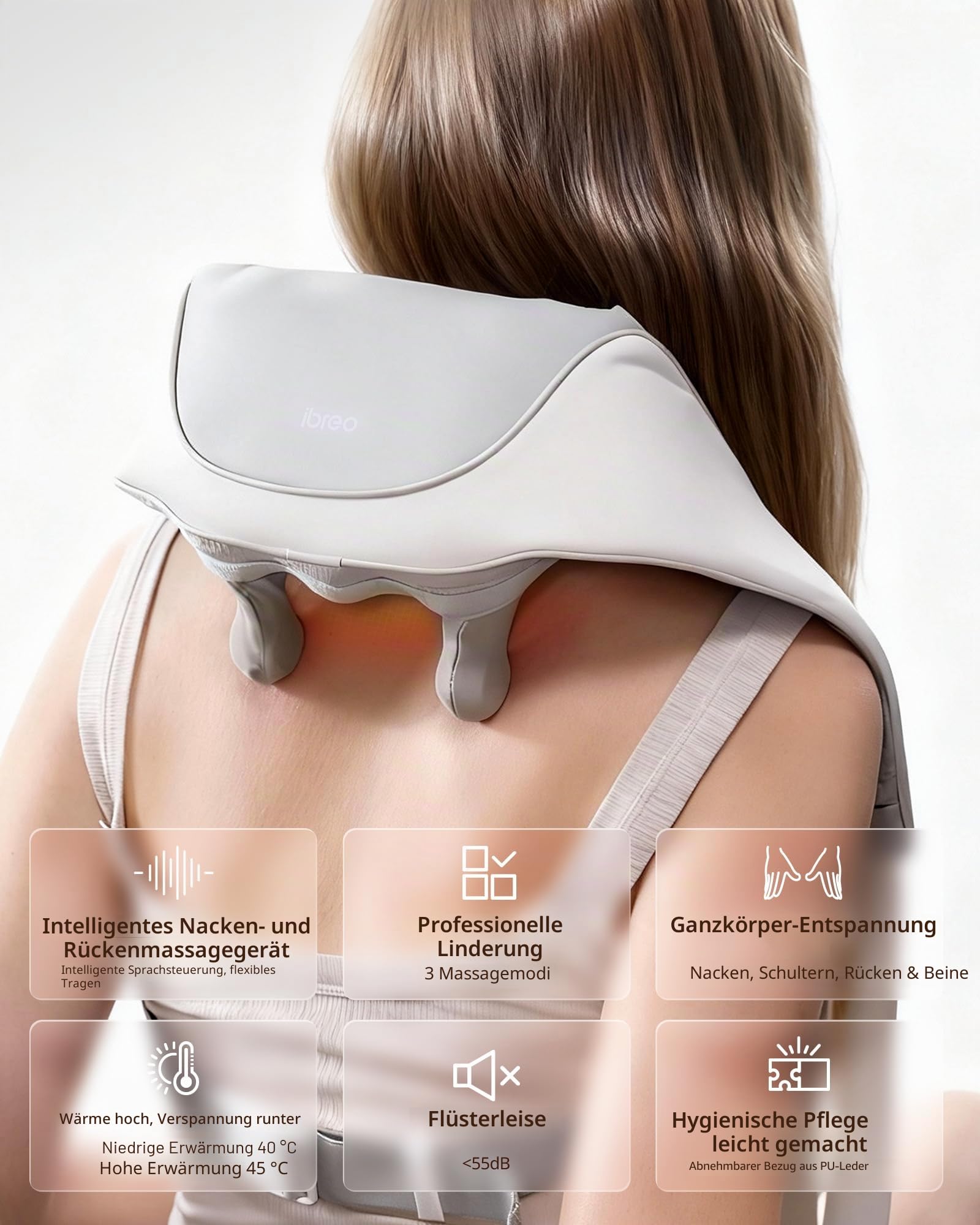 Schnurloses Shiatsu-Nacken-und Rückenmassagegerät mit Wärme | 10 Minuten x 12 Gebrauch, 3 Massagemodi und 2 Intensitätsstufen, 3D-Kneten tiefes Gewebe, Sprachansage