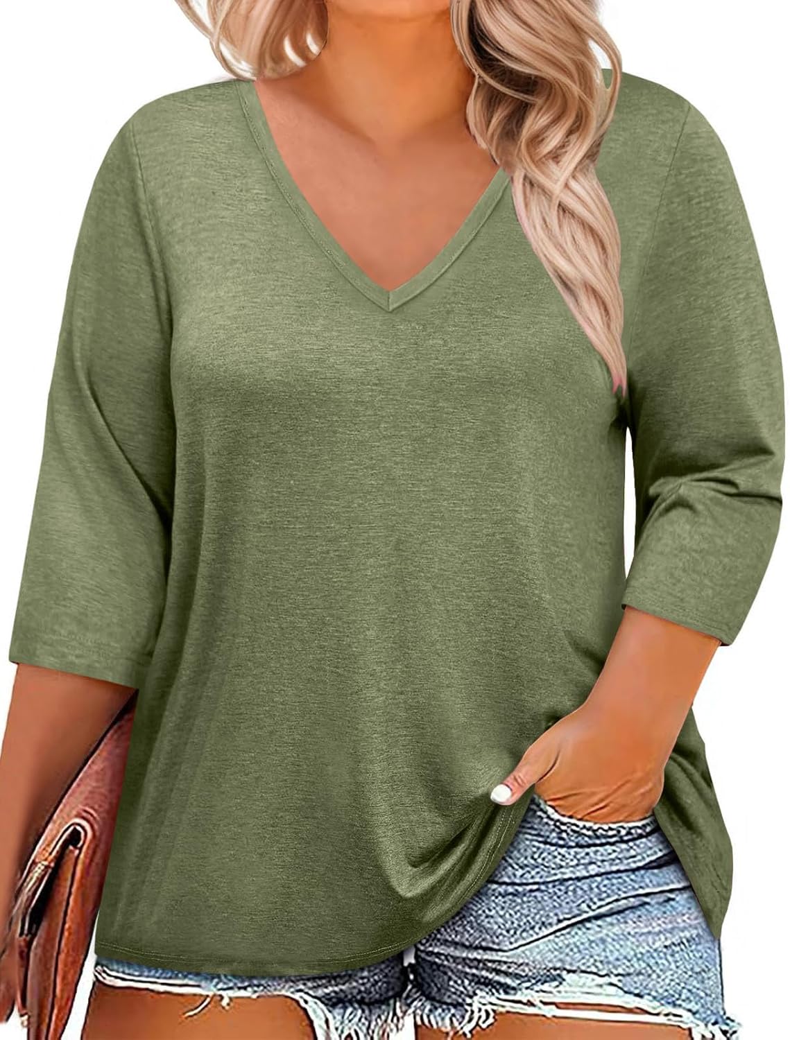 ZDC Womens Plus Size Tops 3/4 Sleeve V Neck T Shirts Casual Loose Fit Tee Tunic Blouse