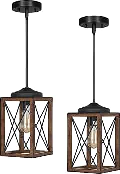 DEWENWILS 2 Pack Farmhouse Pendant Light, Metal Hanging Light Fixture with Wooden Grain Finish, 48 Inch Adjustable Pipes for Flat and Slop Ceiling, Kitchen Island, Bedroom, Dining Hall, ETL Listed