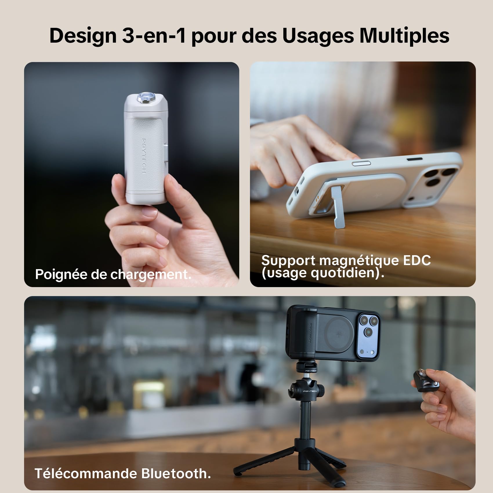 PGYTECH MagCam 2 Poignée pour Smartphone, Kit Modulaire 3-en-1, Télécommande Bluetooth, Poignée de Charge et Support MagSafe sans Fil, pour iPhone 12–17/Android 14 (Noir)