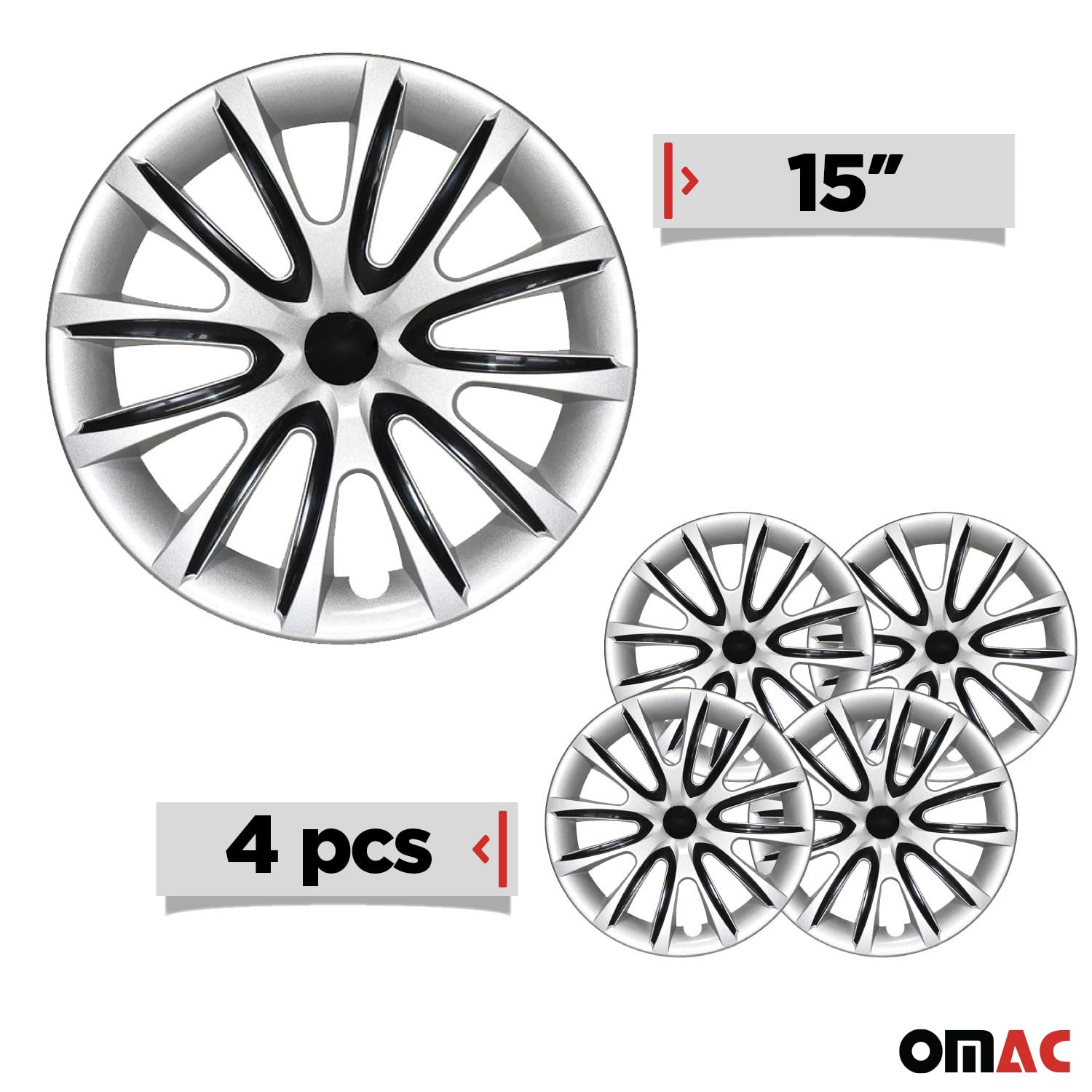OMAC - Lot de 4 enjoliveurs gris avec jantes noires de 15 pouces, Tapas para Rines 15, Couvre-jante premium de 15 pouces, Ensemble de couvre-jantes R15, Accessoires extérieurs de rechange pour voiture