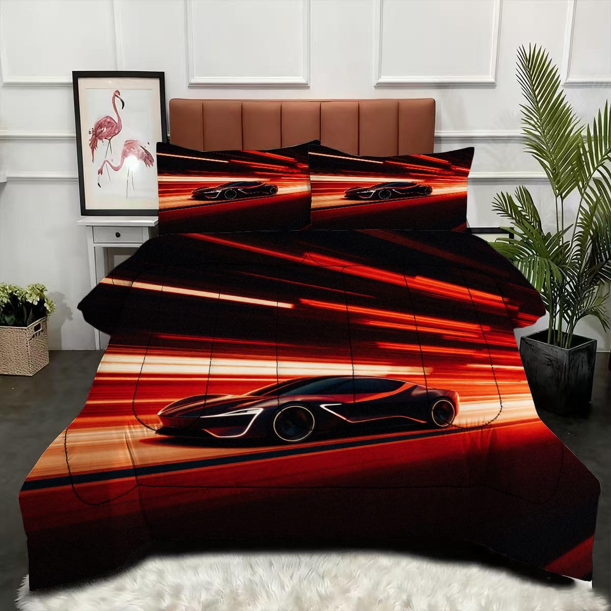 Couette 240 x 260 cm voiture de sport 3D avec 2 taies d'oreiller en microfibre pour lit double