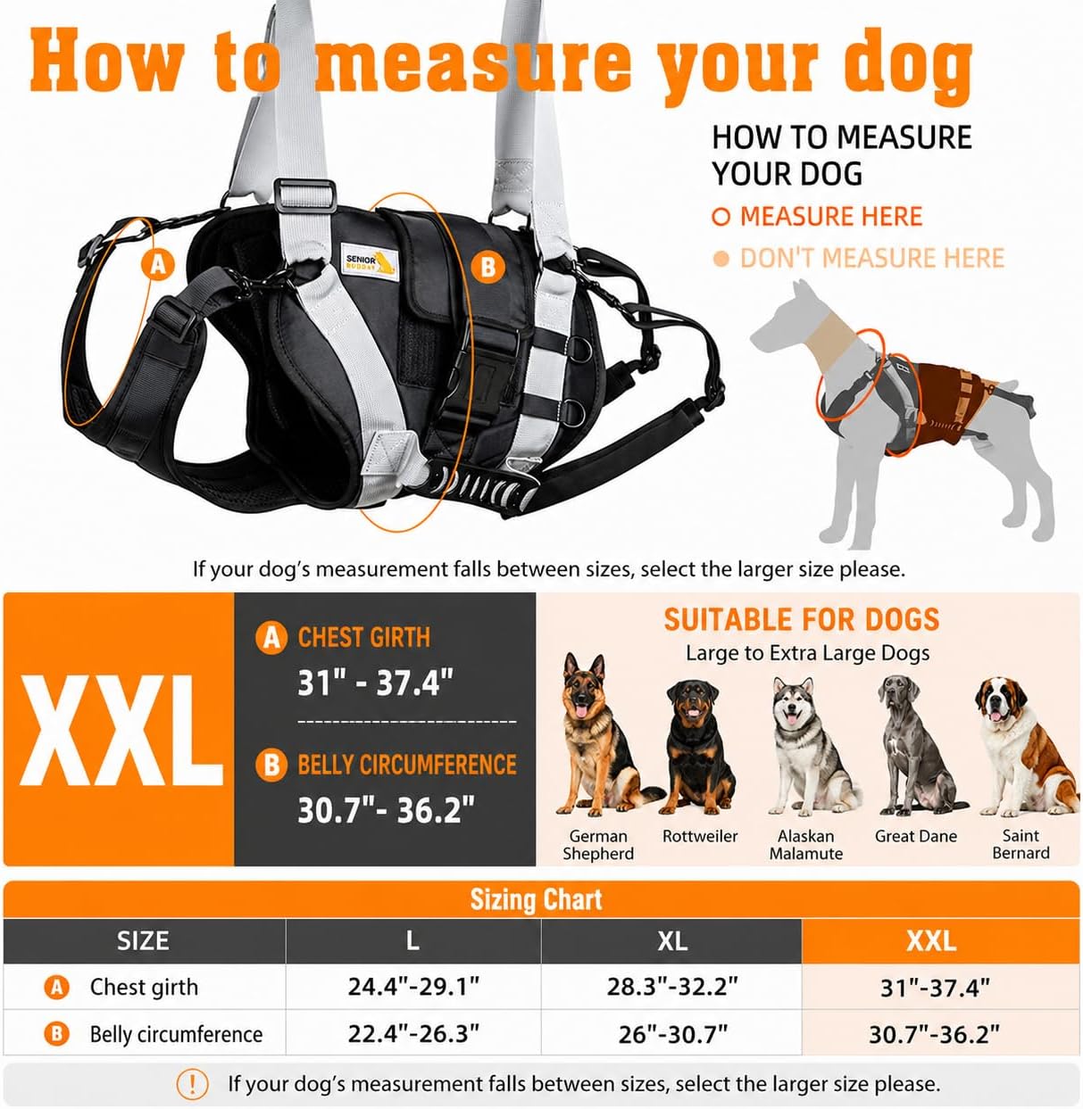 Dog Lift Harness for Large Dogs,Full Body Dog Sling Carrier with Handle,for Up Stair/Back Legs Support/Dogs Joint Injuries/Arthritis (Black, XX-Large) Black XX-Large