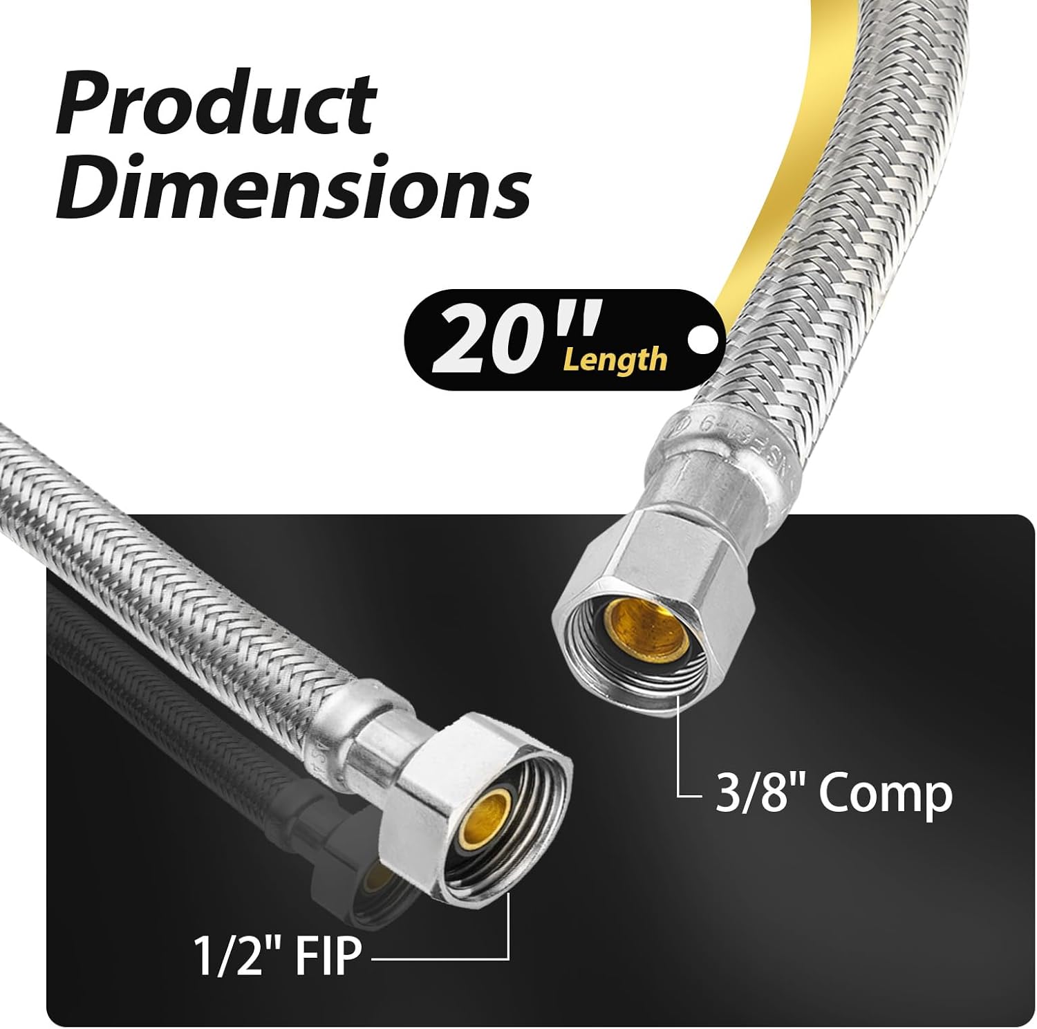 Pack of 10 Foskan 20” Braided Faucet Supply Lines,3/8" COMP x 1/2" FIP Water Connection,Stainless Steel Faucet Hose,Connection to water shut-off valve（20-Inch Length）