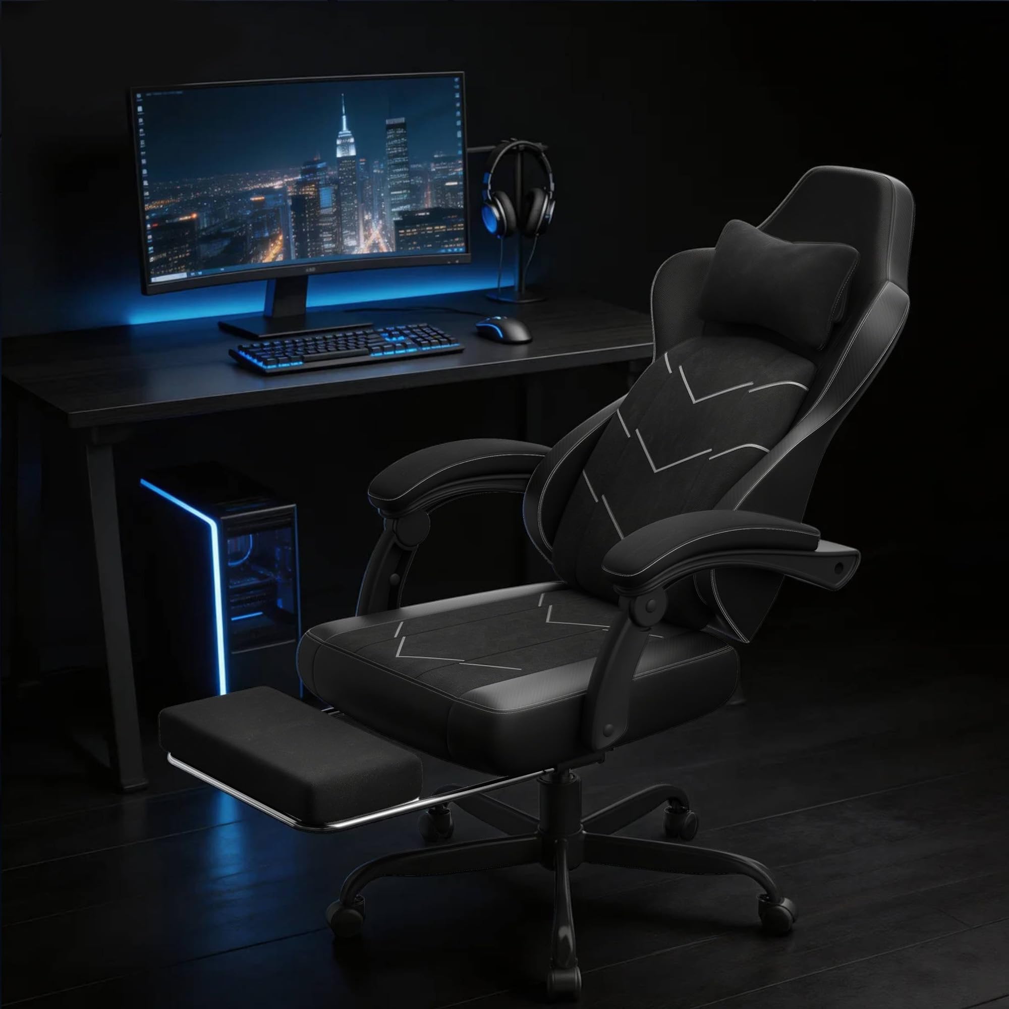 Devoko Sedia girevole per videogiochi con supporto lombare, poltrona ergonomica con molle + cuscino in schiuma ad alta densità, schienale reclinabile a 135°, altezza regolabile 10 cm, braccioli