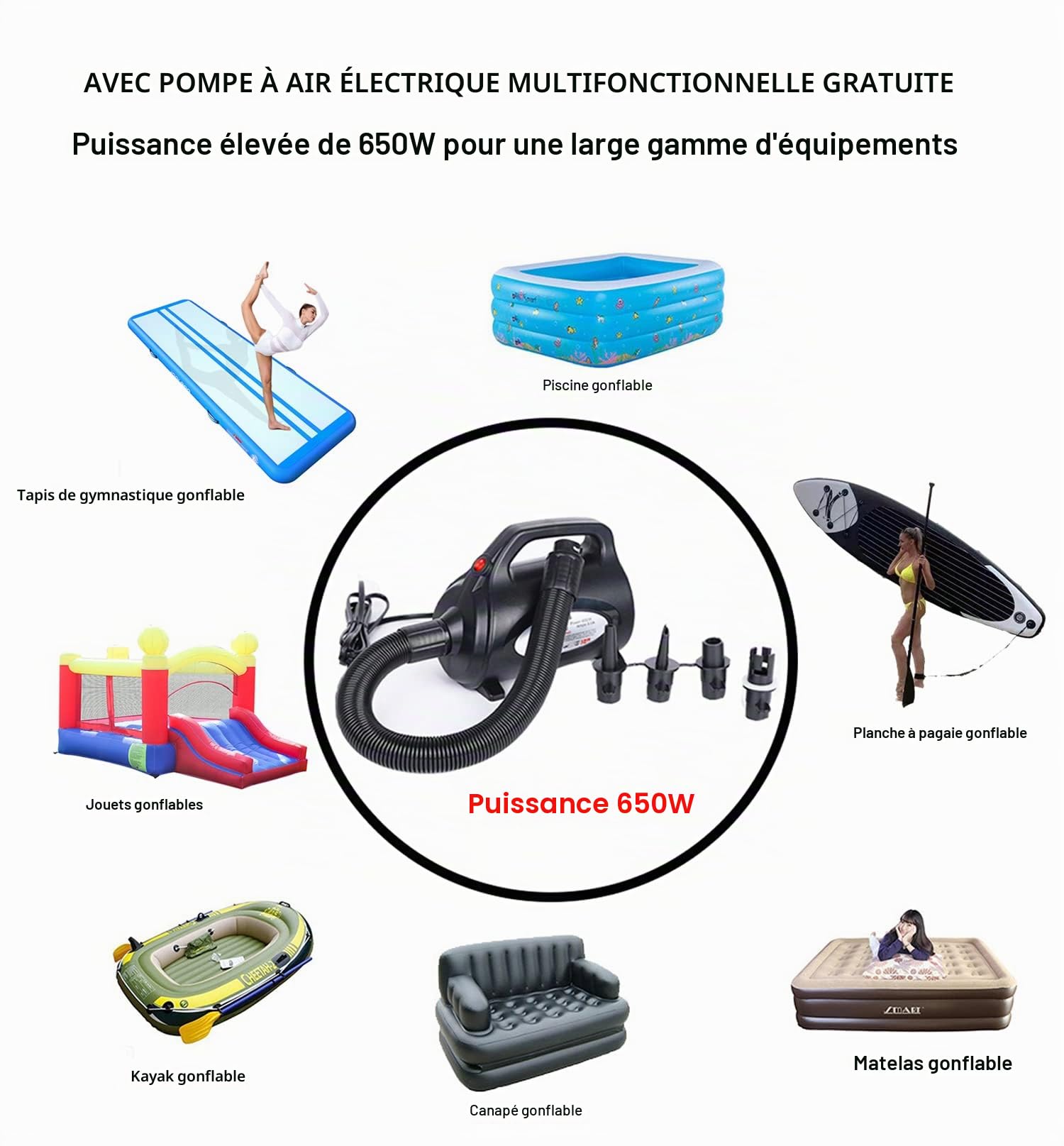 Tapis de gymnastique gonflable 2 m, 3 4 5 6 m avec pompe à air électrique 650 W pour pom-pom girl, gymnastique, plage, parc, utilisation la maison, violet et noir, violet/noir, 300*100*10cm