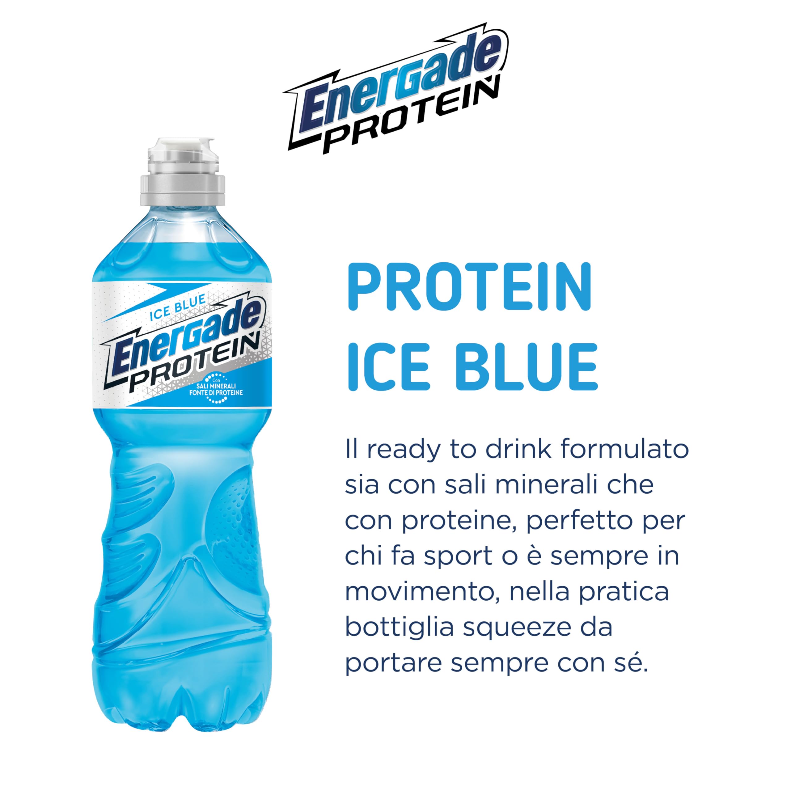 Energade Protein, Bevanda Reintegrante 12x0,75L, Gusto Ice Blue, Con Sali Minerali e Proteine, Perfetta Per L'Attività Fisica, Tappo Push&Pull, Formato Sportivo per Idratazione in Movimento