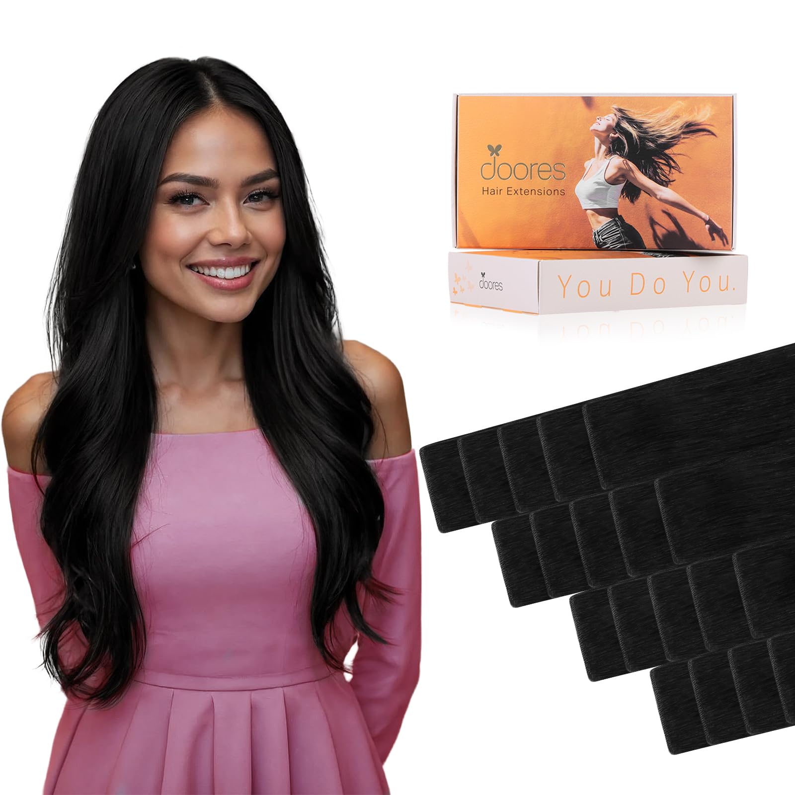 DOORES Genius Tape in human hair extensions, Jet Black 18 Inch 50g 20pcs, Hand Tied Seamless Tape in Extensions with Invisible Edges