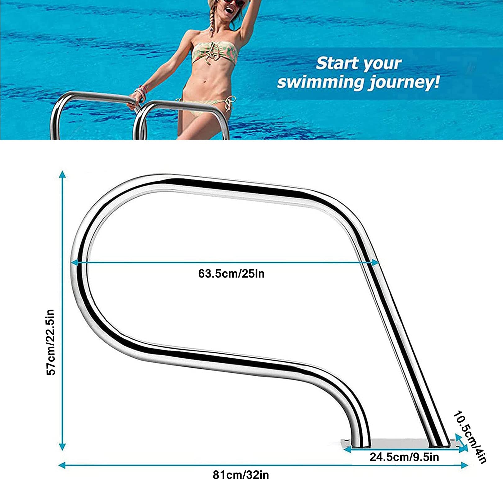 KLZUOPT Pasamanos de Seguridad para Piscina, pasamanos de Acero Inoxidable 304, toboganes para Piscina con Base de Montaje rápido (1 Unidad)