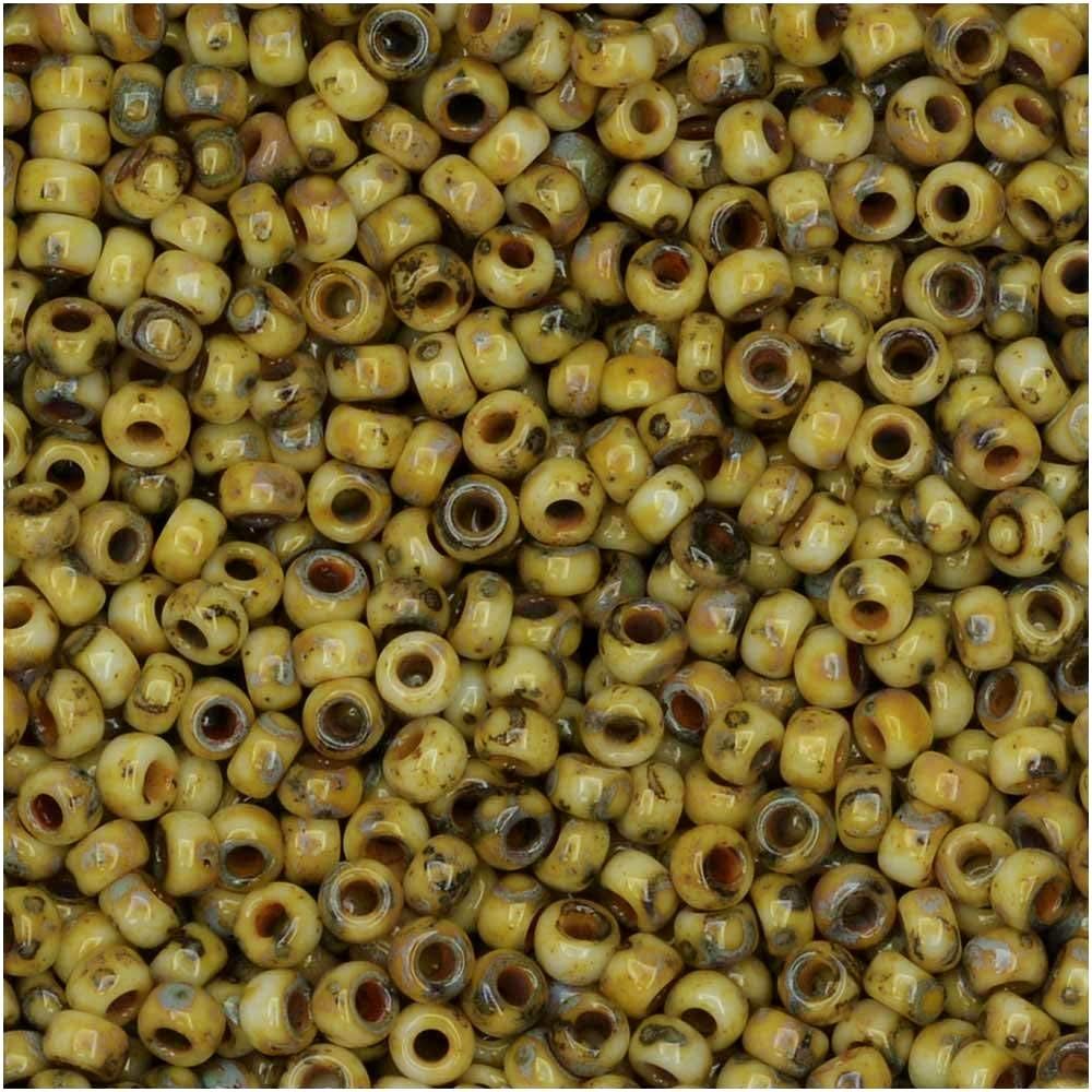 Round Seed Beads, 11/0 Size, 8.5 Gram, Opaque Canary Yellow Matte Picasso