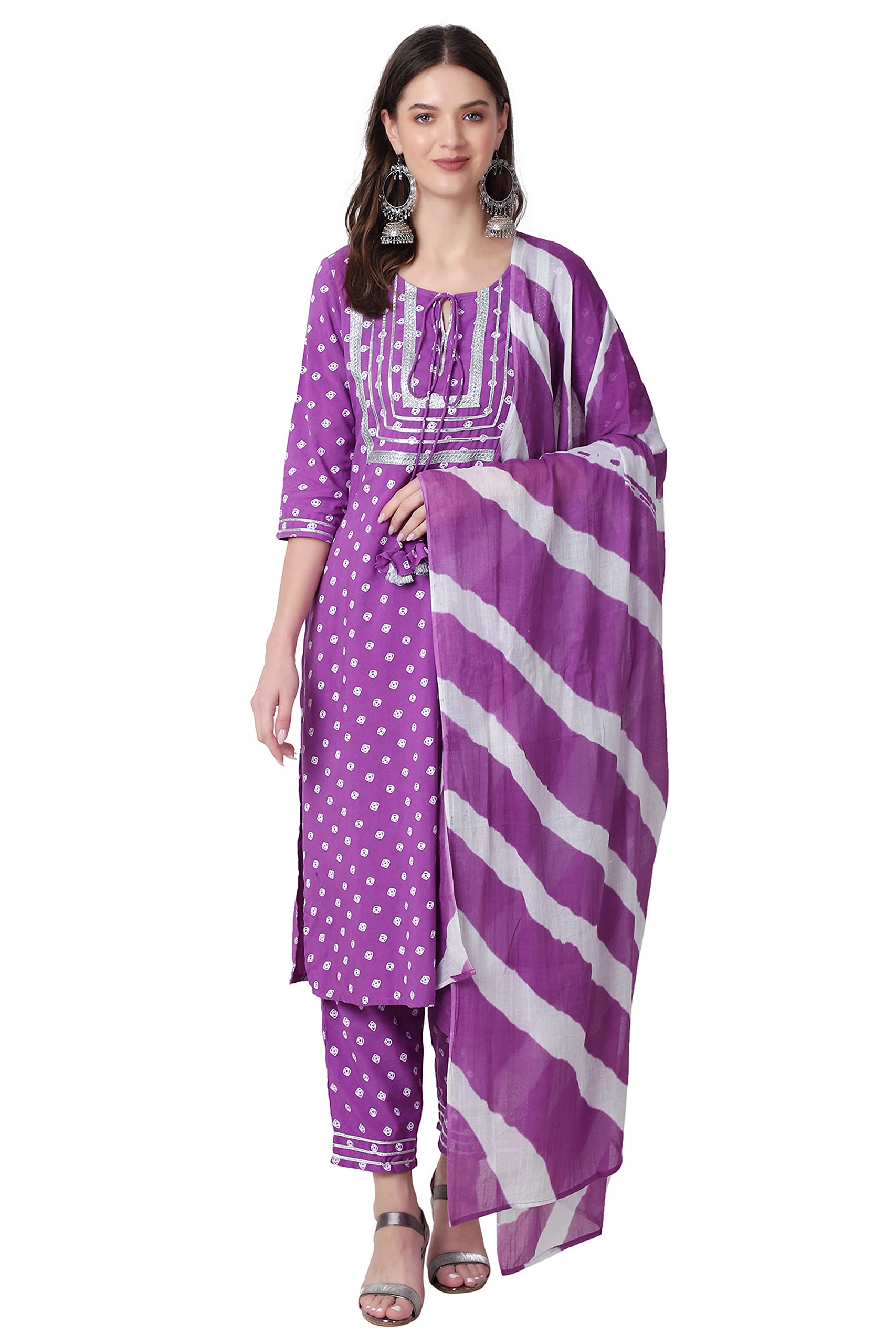 Rytras Women's Rayon Printed Purple Straight Kurta With Palazzos And Dupatta Set(Purple,Xl)