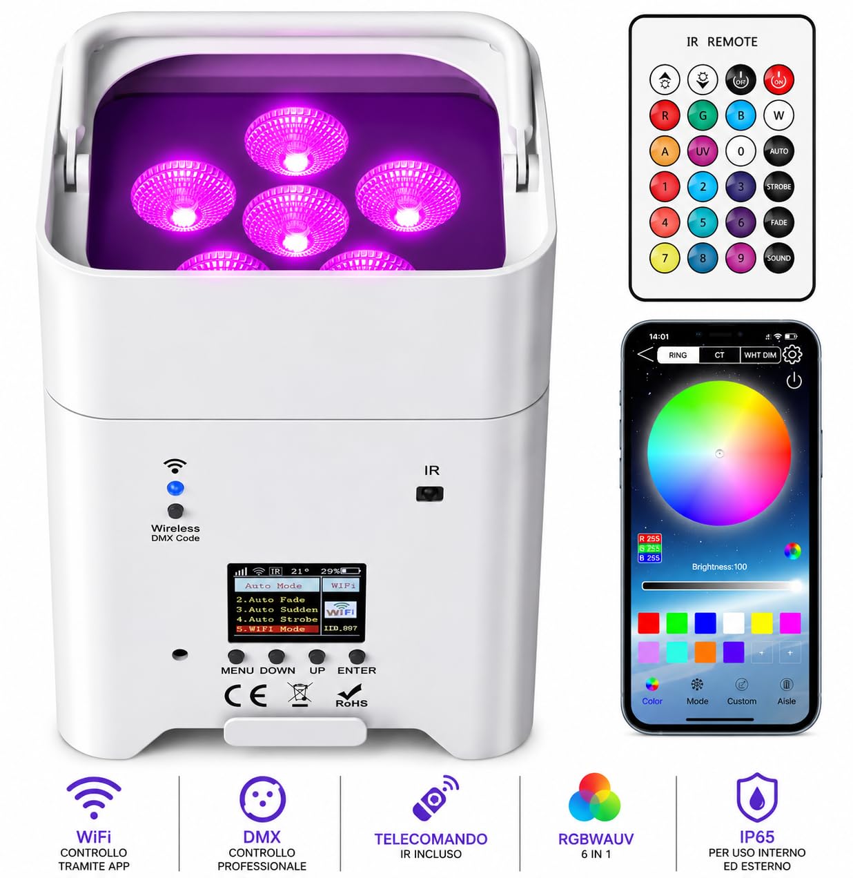NLIGHTING Faretto PAR LED Wireless 9600mAh RGBWAUV 6in1 WiFi, DMX e Telecomando, IP65 Ricaricabili per Eventi, Matrimoni, Palchi e Illuminazione Architetturale, Eventi Uplight Professionale