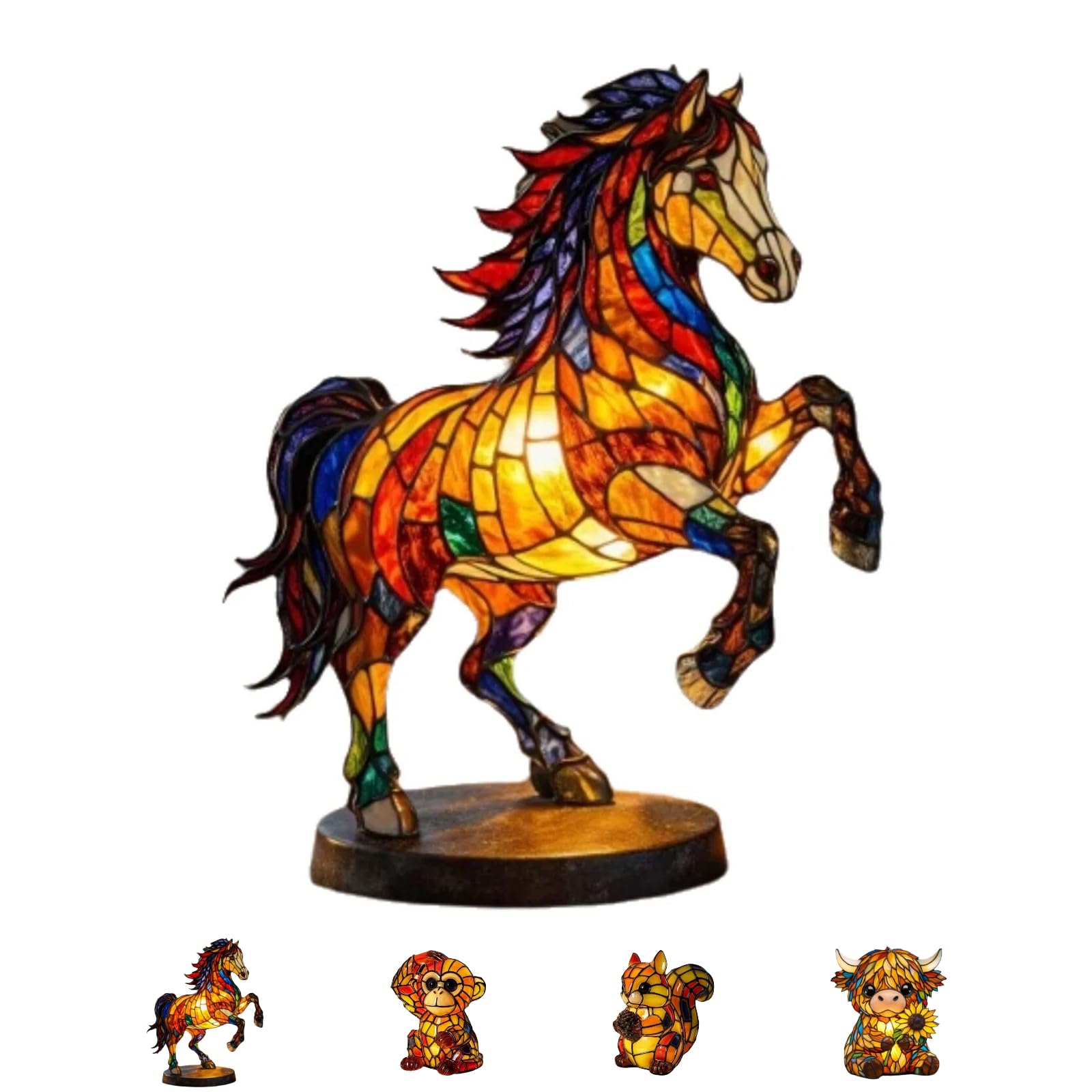 Stained Glass Lamp, Horse Highland Cow Lamp, Decorative Resin LED Night Light for Pet Lovers, USB Vintage 3D Table Lamp Cozy Glow for Desk & Mantel, Fun Gift for Friends Families (Yellow-Horse)