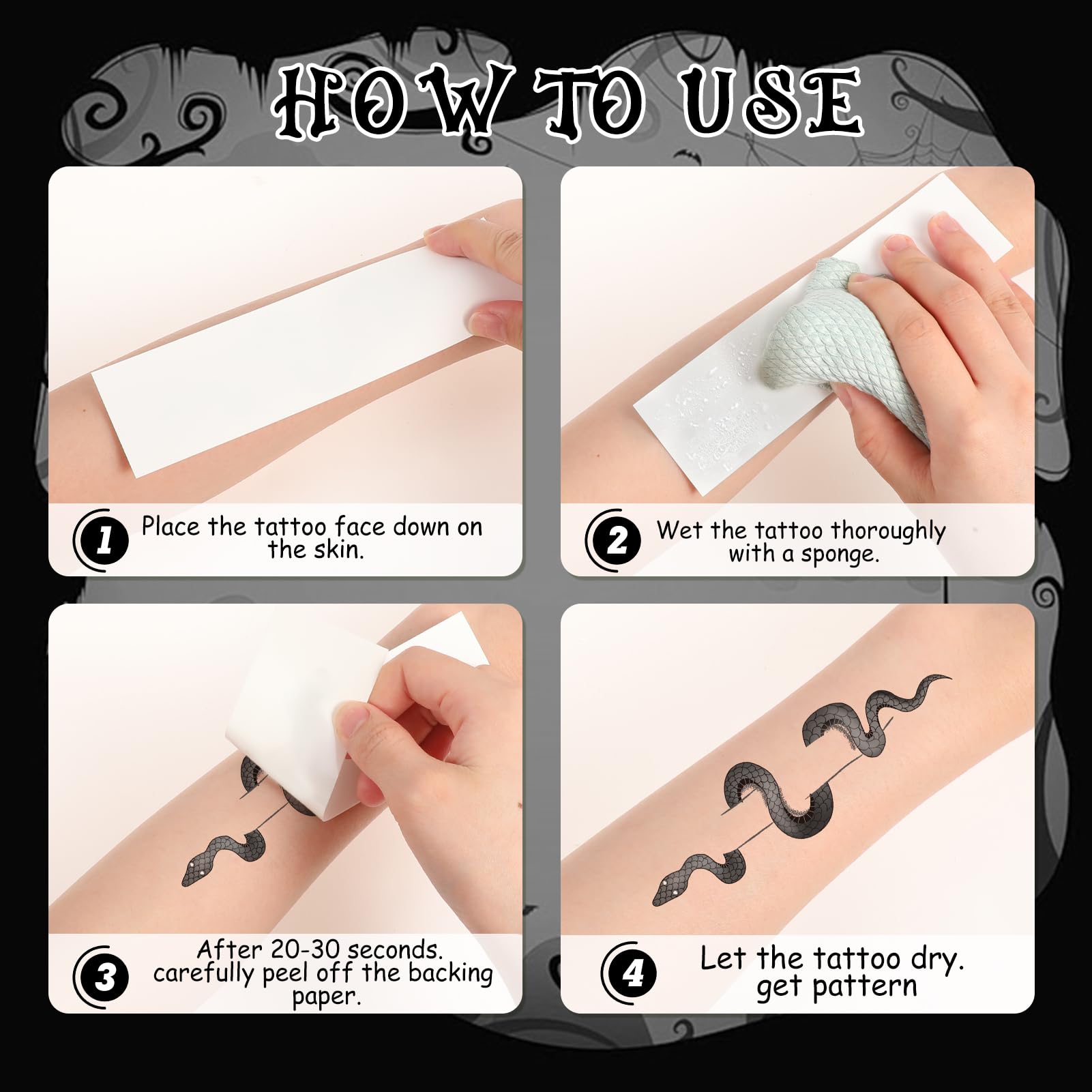 HOWAF 6 PCS Skeleton Face Tattoo, Skeleton Face, Hand, Snake Collarbone, Skull Halloween Temporary Tattoos - Image 3