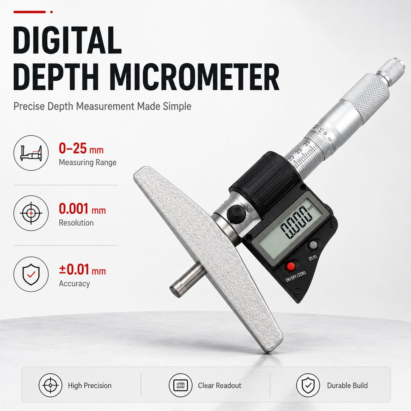 JOSBY Micromètre De Profondeur Électronique Numérique, Résolution De 0,001 Mm, Outil De Mesure De Profondeur De Précision, avec Affichage Et Butée À Cliquet, pour Lusinage