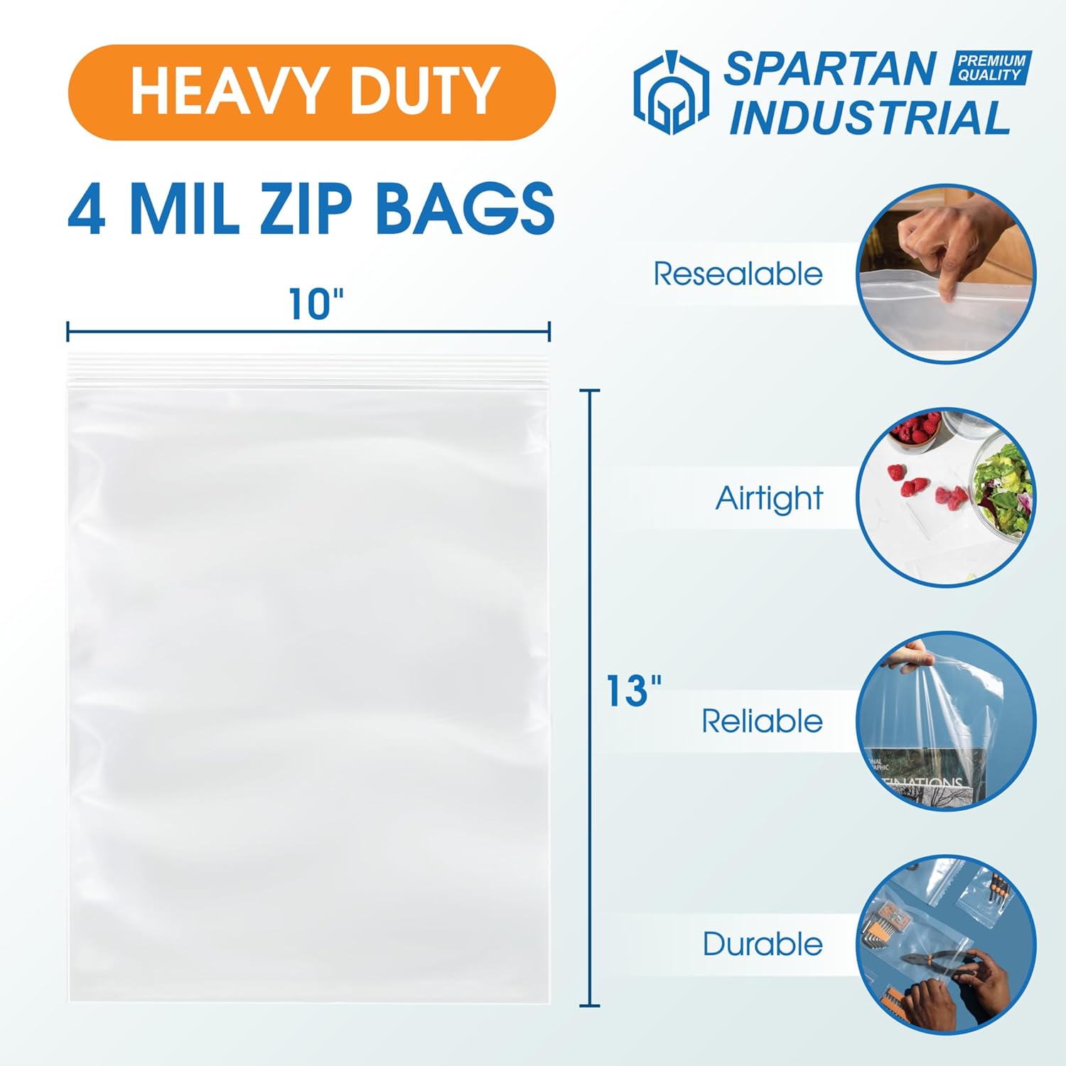 Spartan Industrial - 10” X 13” (100 Count) 4 Mil Thick Clear Reclosable Zip Plastic Poly Bags with Resealable Lock Seal Zipper - Heavy Duty and Durable