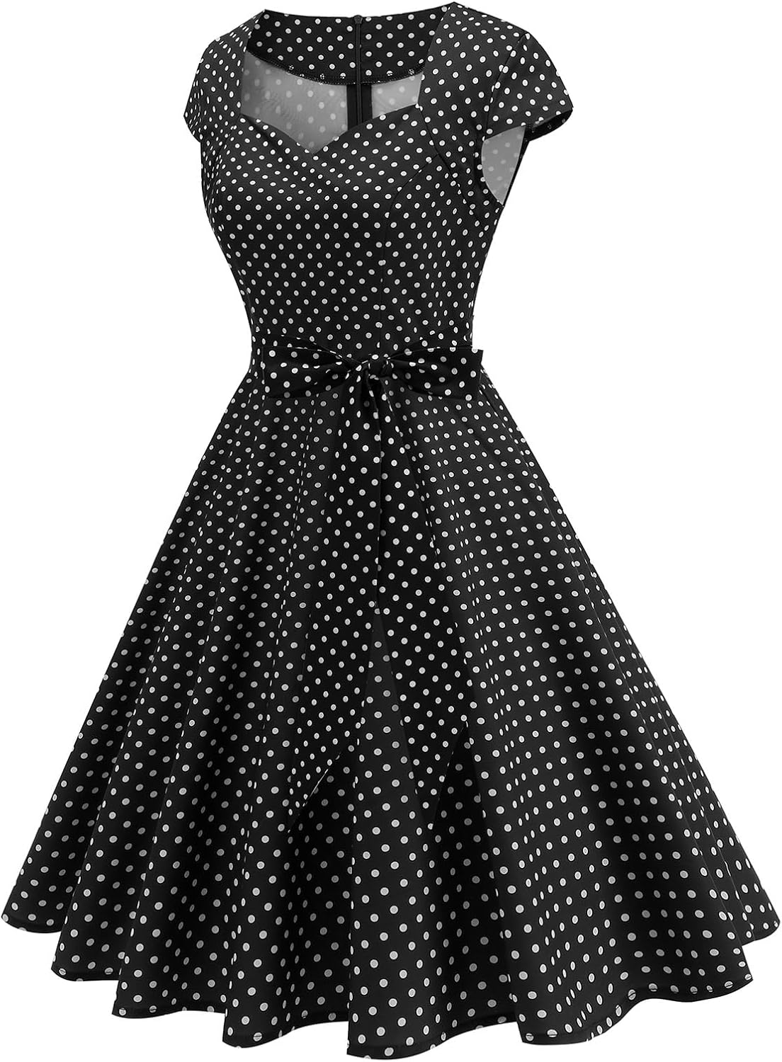 ODIZLI Women's 1950s Retro Dress Short Sleeve Sweetheart Neckline Polka Dot Belted Swing Cocktail Dresses - Image 3