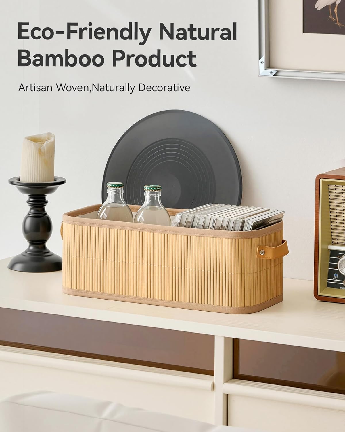 Narrow Storage Bins, Small Basket for Closet and Shelves, Bamboo Toilet Paper Storage Organizer with Handles for Countertop-Bathroom-Home Decor, 4-Pack