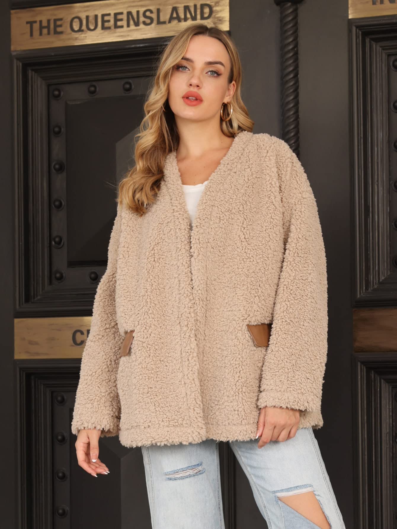 GSFABGSFAB Women's Fashion Jacket Open Front Flap Detail Teddy Coat with Belt Jacket Fashion (Color : Khaki, Size : Medium)